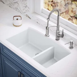 Karran 33" Undermount Quartz Composite Kitchen Sink, 60/40 Double Bowl, White, QU-711-WH