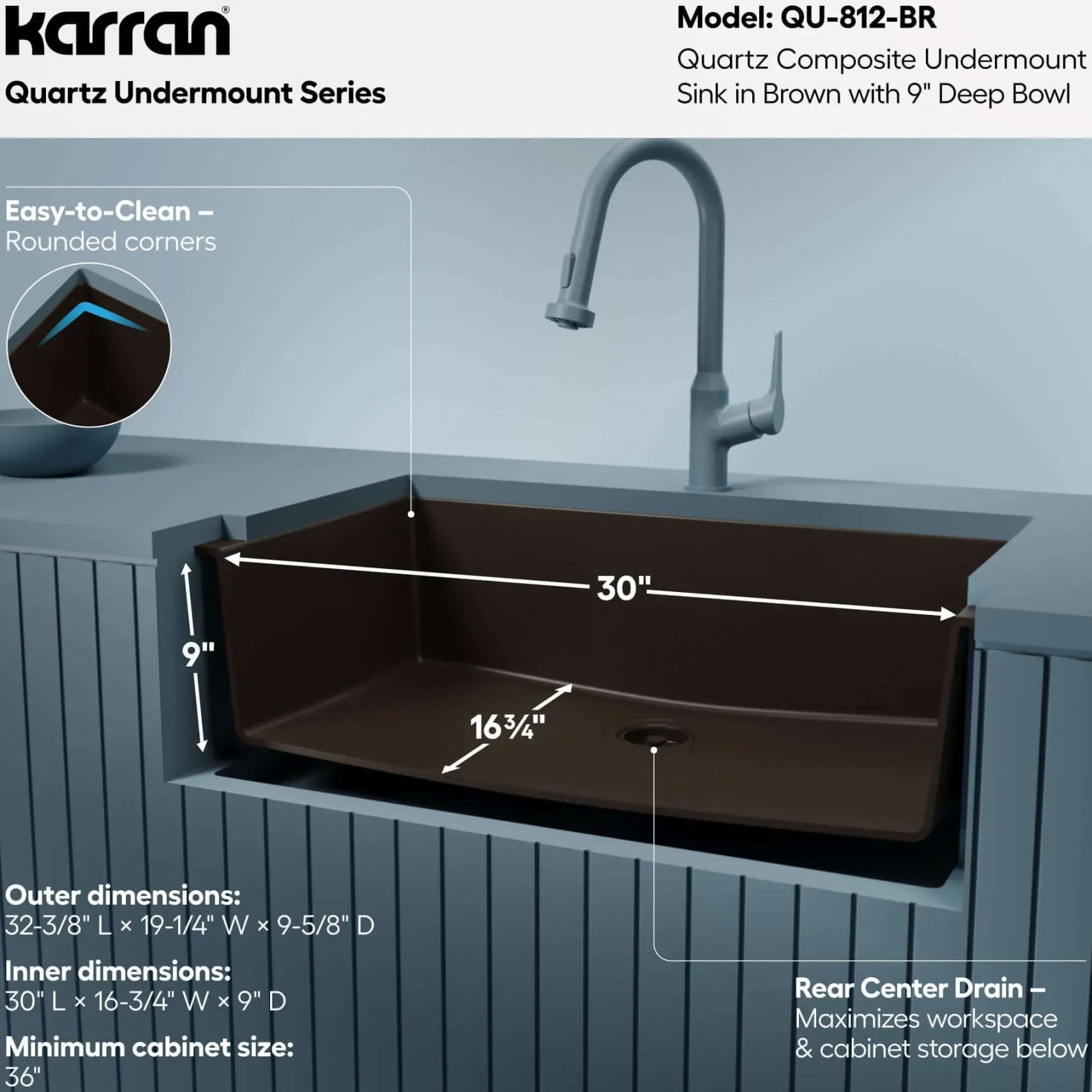 Karran 32" Undermount Quartz Composite Kitchen Sink, Brown, QU-812-BR