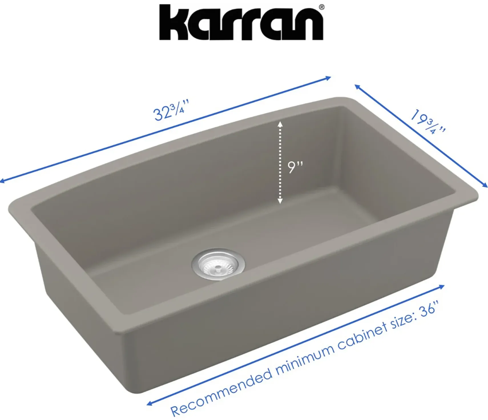 Karran 33" Undermount Quartz Composite Kitchen Sink, Concrete, QU-712-CN
