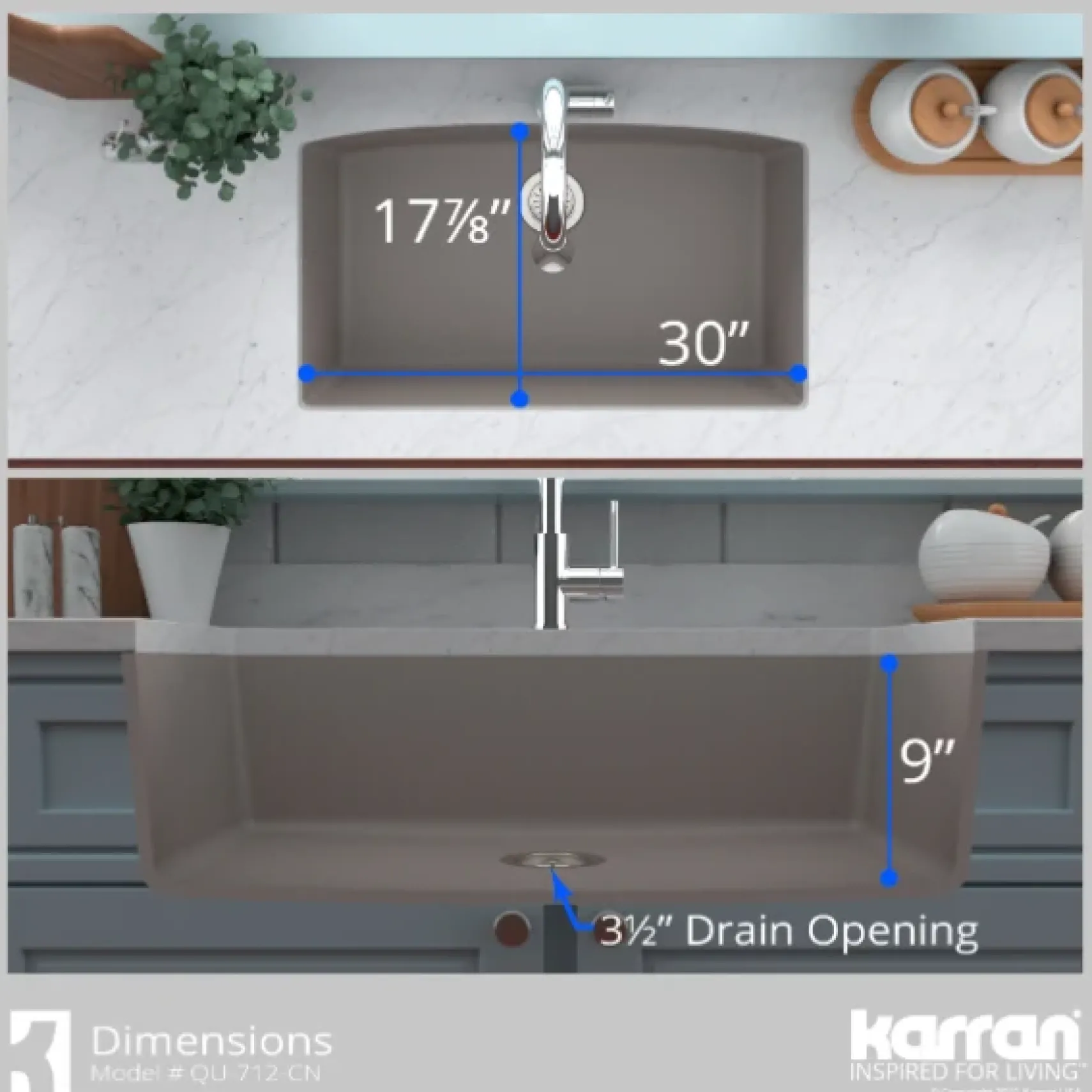 Karran 33" Undermount Quartz Composite Kitchen Sink, Concrete, QU-712-CN