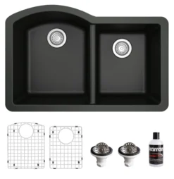 Karran 32" Undermount Quartz Composite Kitchen Sink, 60/40 Double Bowl, Black, QU-610-BL-PK1