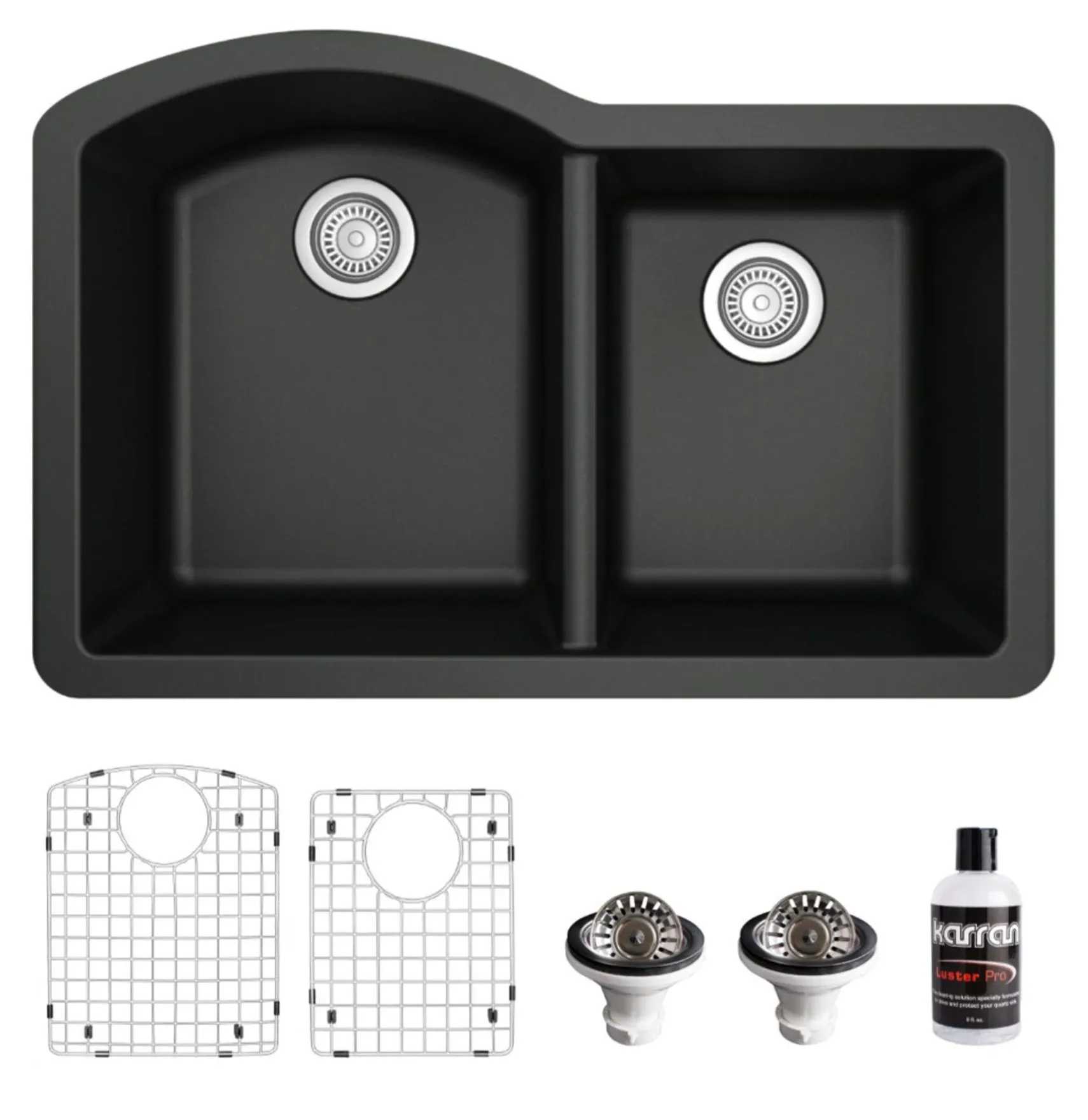 Karran 32" Undermount Quartz Composite Kitchen Sink, 60/40 Double Bowl, Black, QU-610-BL-PK1