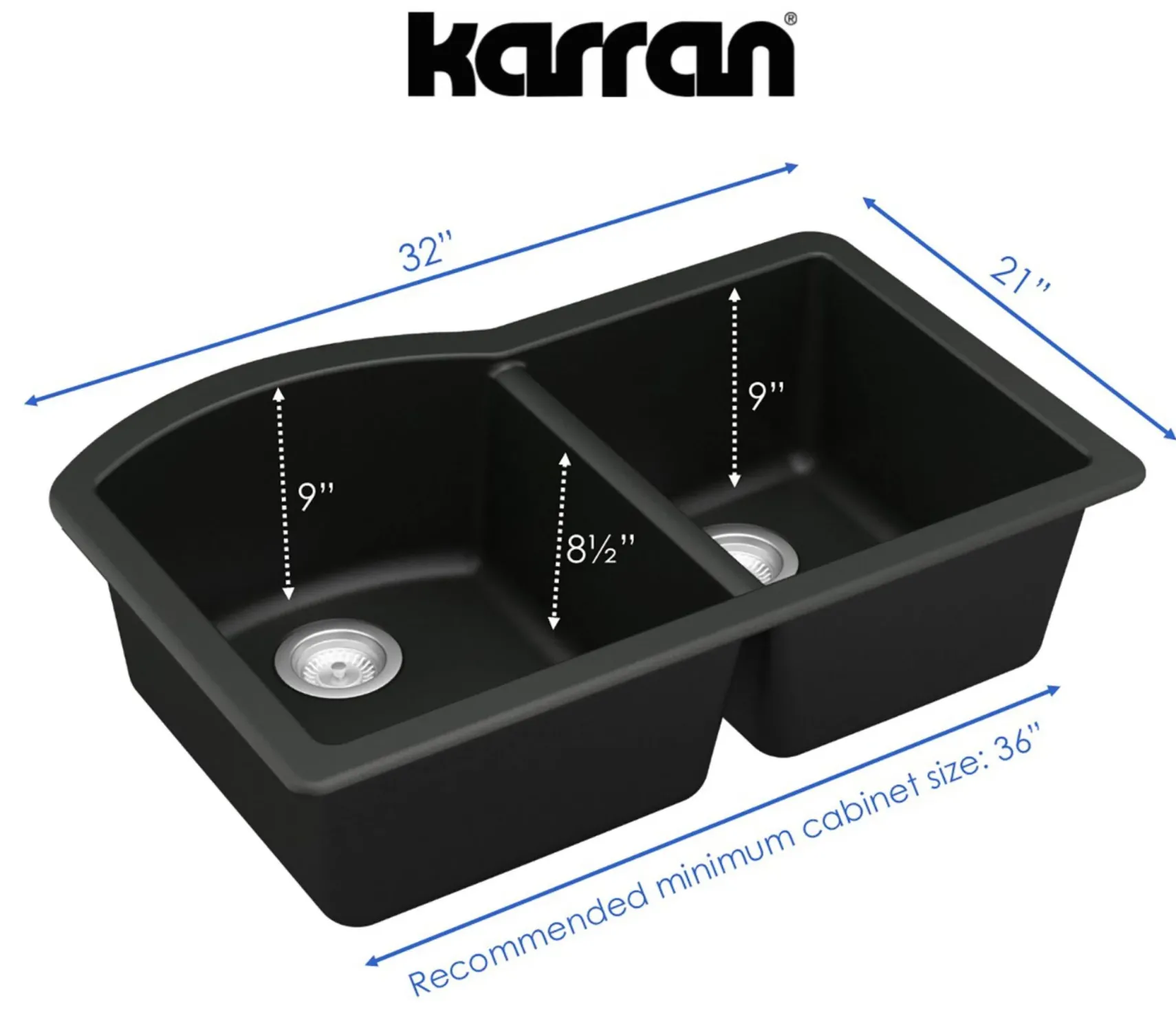 Karran 32" Undermount Quartz Composite Kitchen Sink, 60/40 Double Bowl, Black, QU-610-BL-PK1