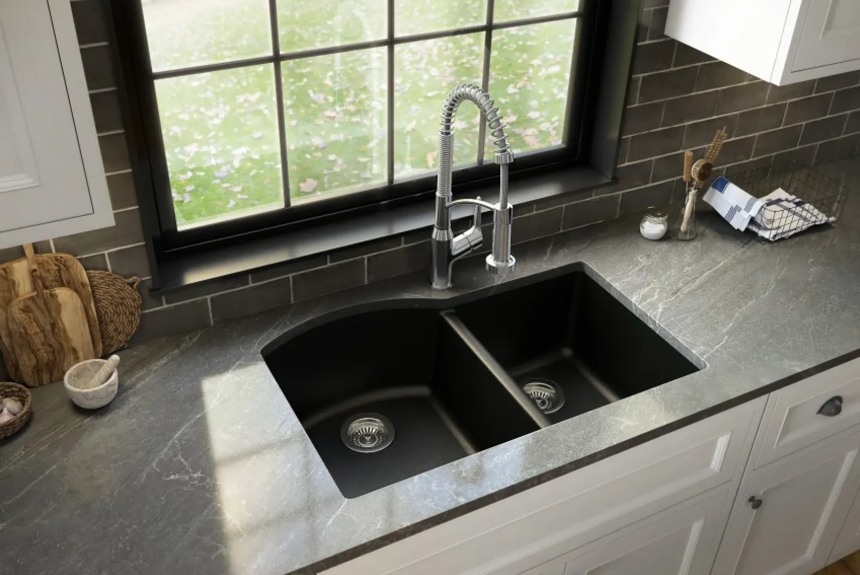 Karran 32" Undermount Quartz Composite Kitchen Sink, 60/40 Double Bowl, Black, QU-610-BL-PK1