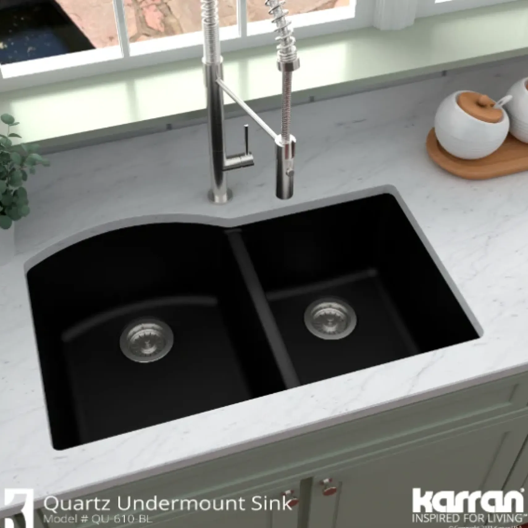 Karran 32" Undermount Quartz Composite Kitchen Sink, 60/40 Double Bowl, Black, QU-610-BL-PK1