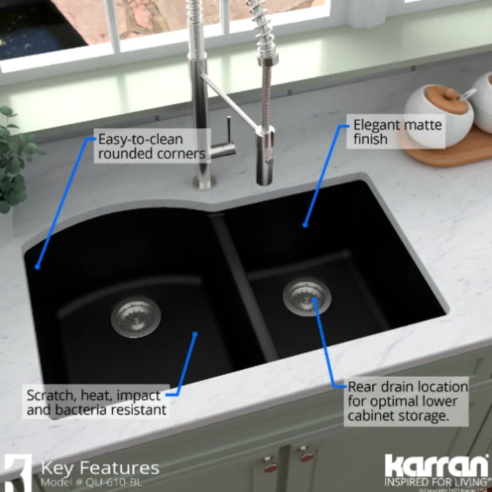 Karran 32" Undermount Quartz Composite Kitchen Sink, 60/40 Double Bowl, Black, QU-610-BL-PK1
