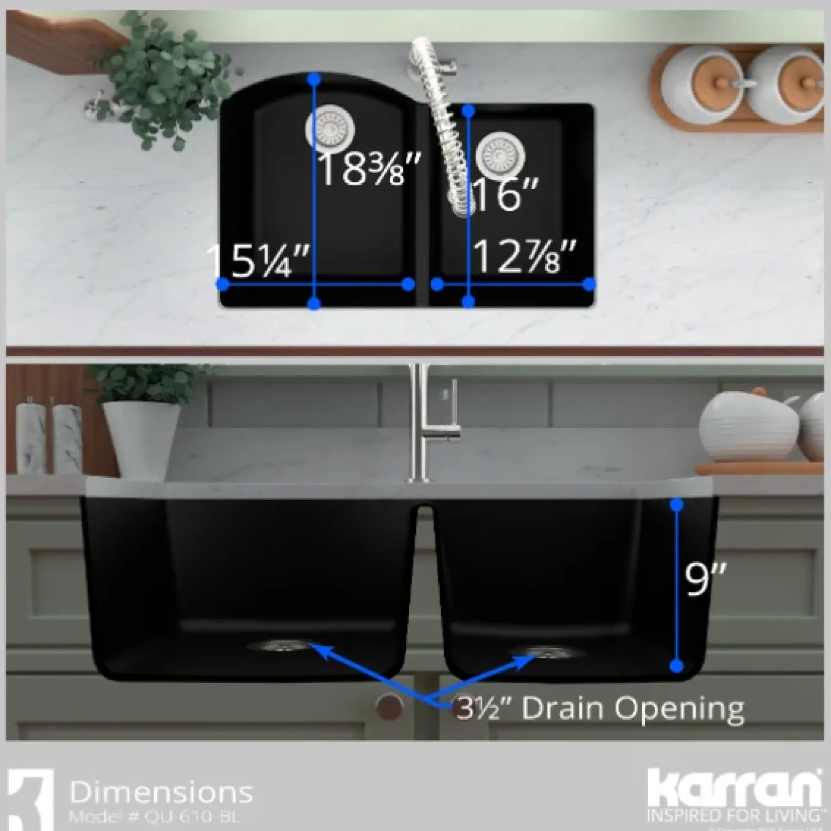 Karran 32" Undermount Quartz Composite Kitchen Sink, 60/40 Double Bowl, Black, QU-610-BL-PK1