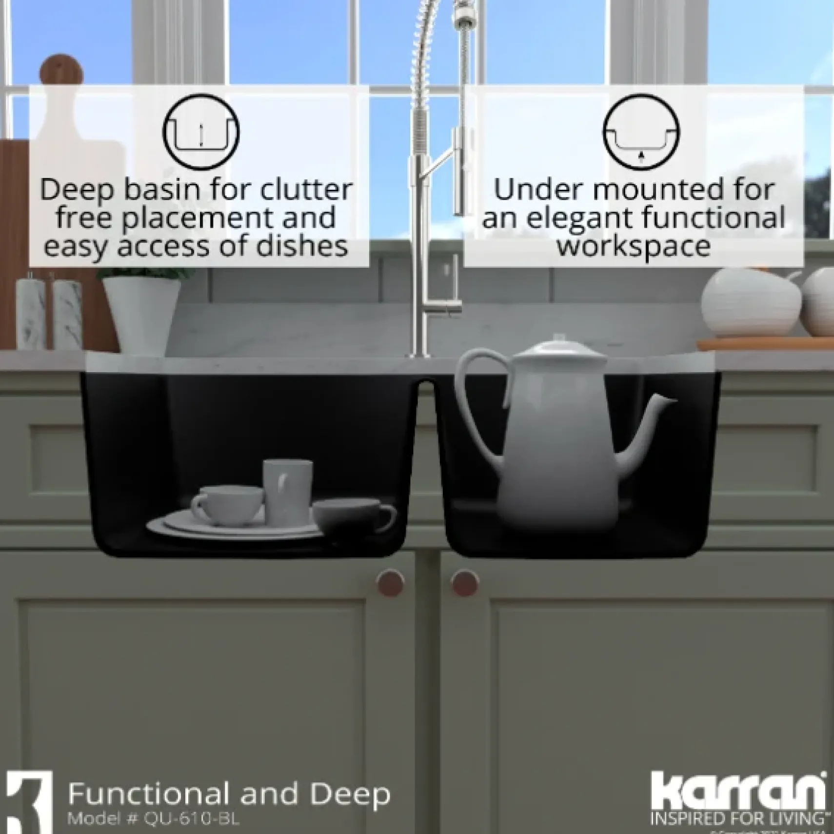 Karran 32" Undermount Quartz Composite Kitchen Sink, 60/40 Double Bowl, Black, QU-610-BL-PK1