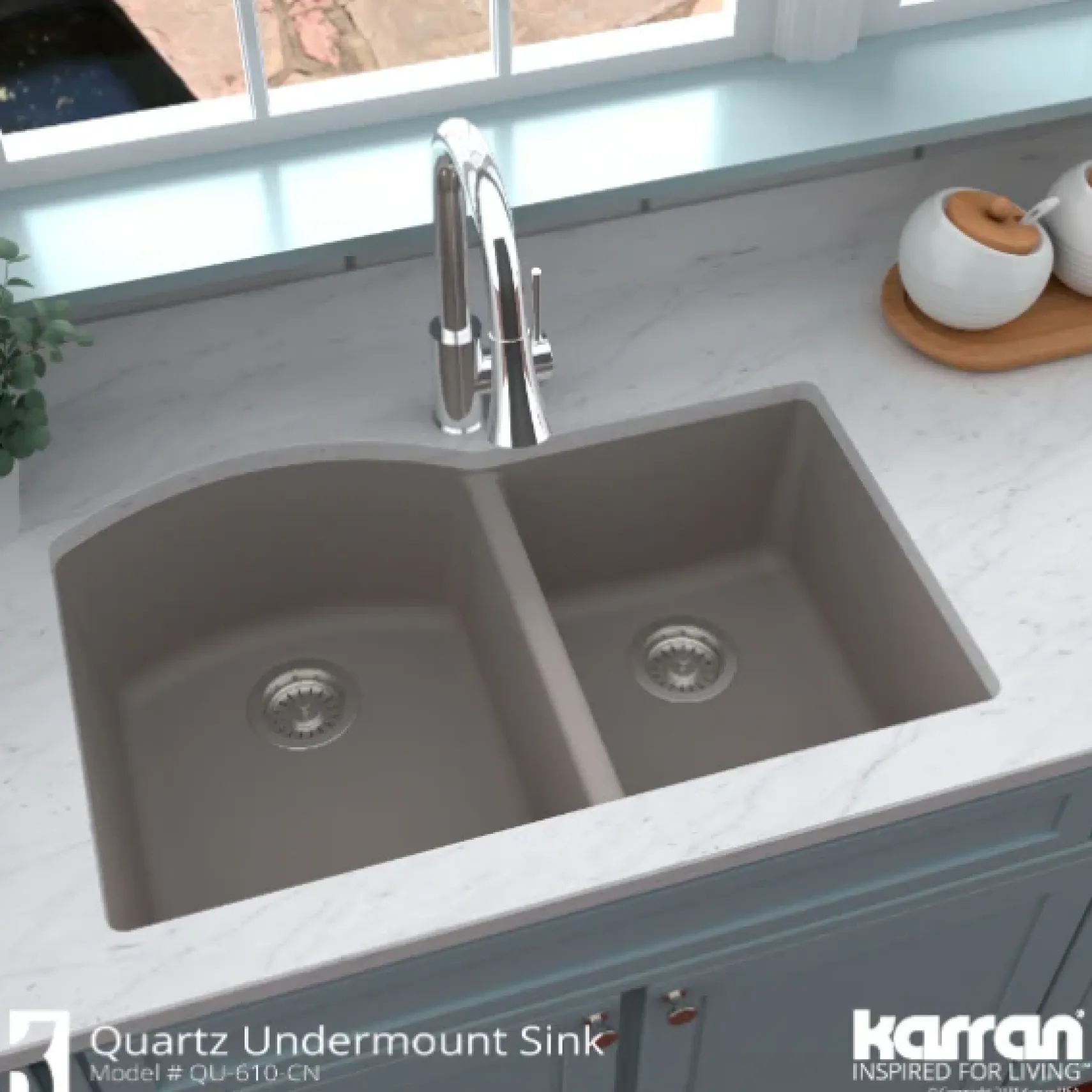 Karran 32" Undermount Quartz Composite Kitchen Sink, 60/40 Double Bowl, Concrete, QU-610-CN