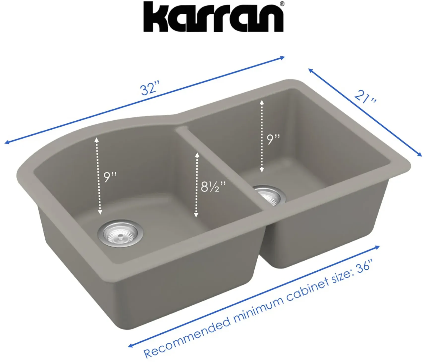 Karran 32" Undermount Quartz Composite Kitchen Sink, 60/40 Double Bowl, Concrete, QU-610-CN