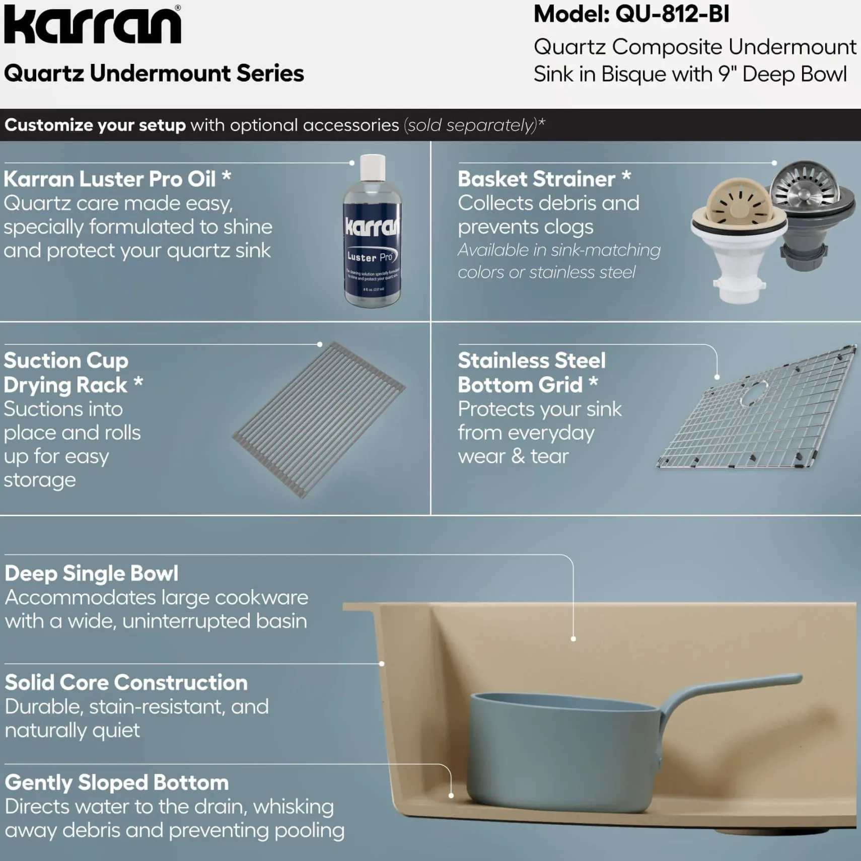 Karran 32" Undermount Quartz Composite Kitchen Sink, Bisque, QU-812-BI