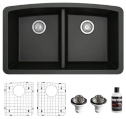 Karran 33" Undermount Quartz Composite Kitchen Sink, 50/50 Double Bowl, Black, QU-710-BL-PK1