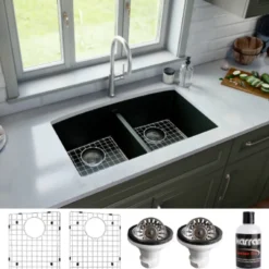 Karran 33" Undermount Quartz Composite Kitchen Sink, 50/50 Double Bowl, Black, QU-710-BL-PK1