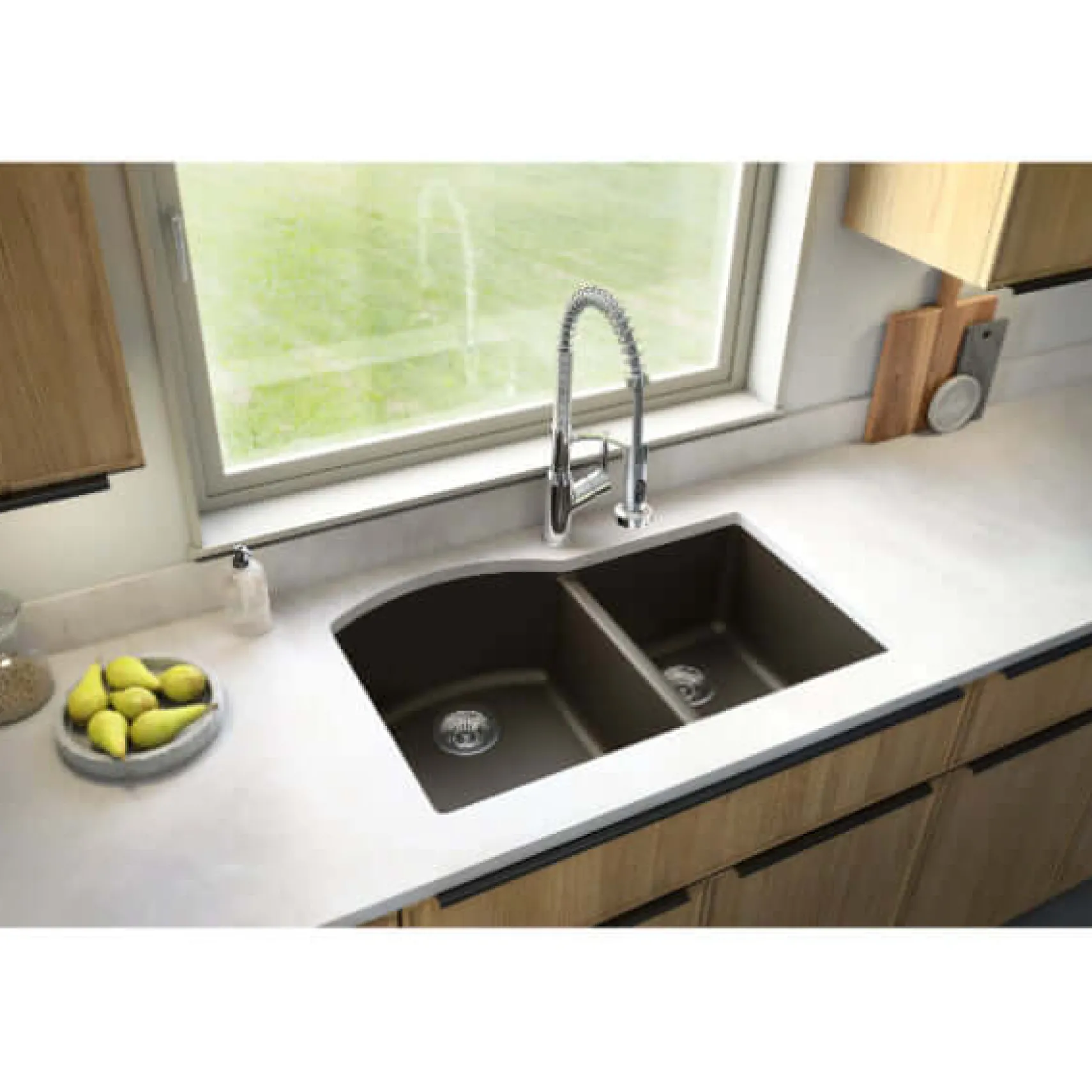 Karran 32" Undermount Quartz Composite Kitchen Sink, 60/40 Double Bowl, Brown, QU-610-BR-PK1