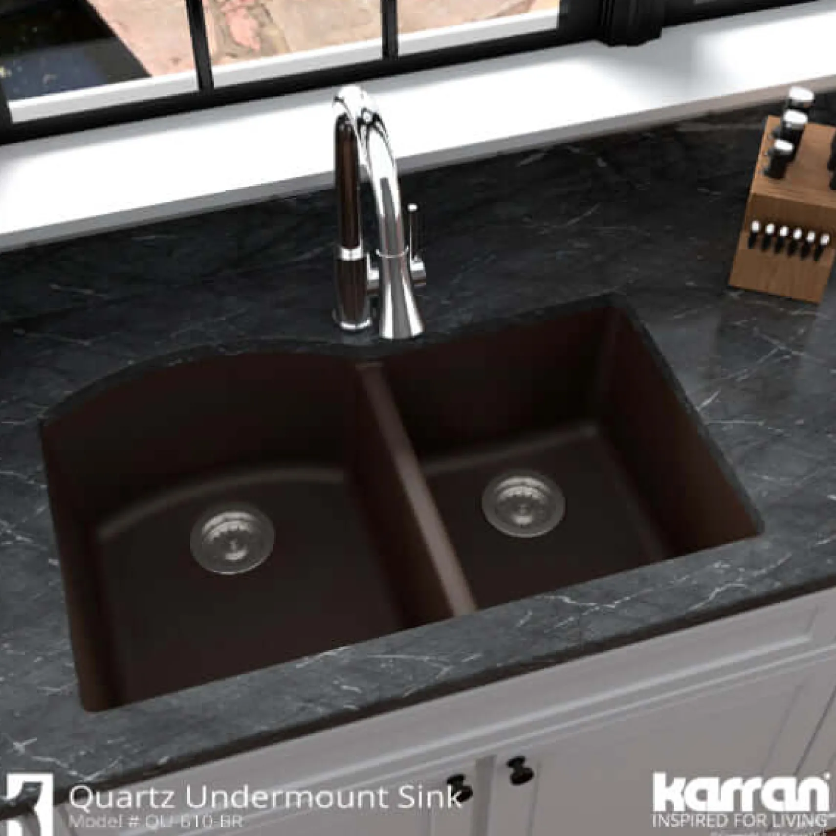 Karran 32" Undermount Quartz Composite Kitchen Sink, 60/40 Double Bowl, Brown, QU-610-BR-PK1
