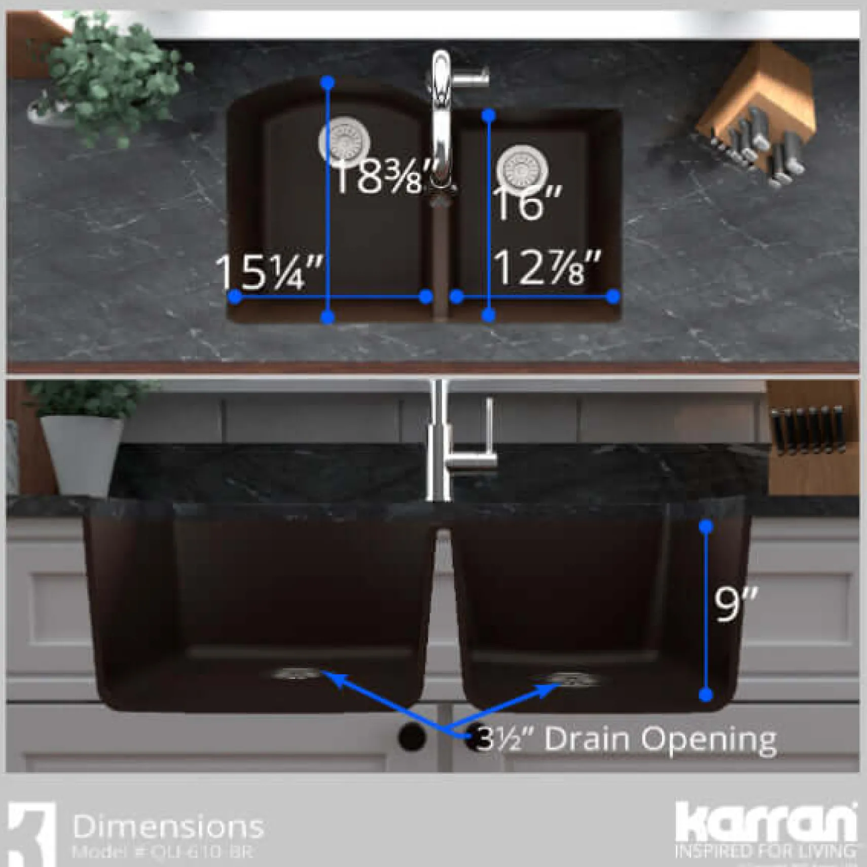 Karran 32" Undermount Quartz Composite Kitchen Sink, 60/40 Double Bowl, Brown, QU-610-BR-PK1