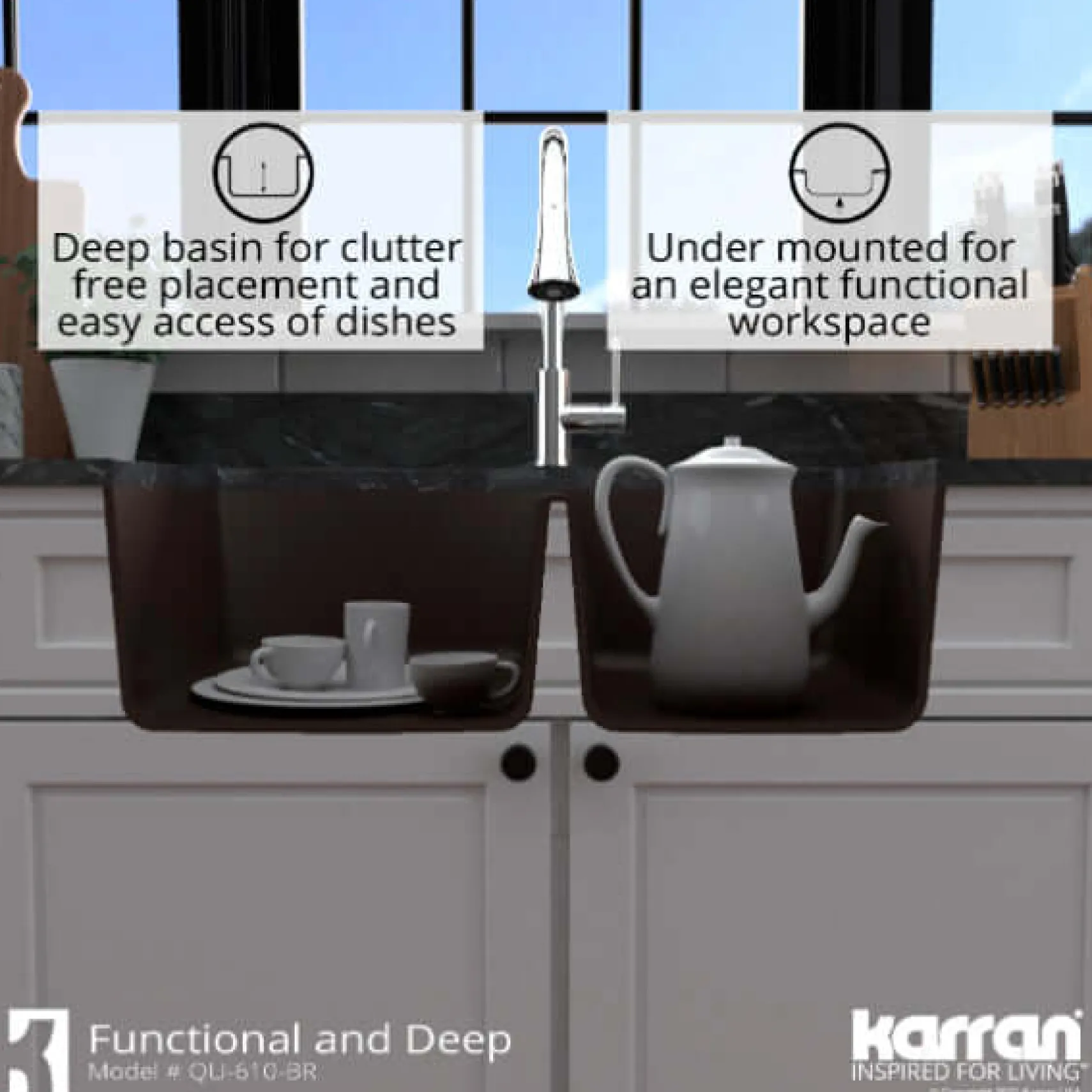 Karran 32" Undermount Quartz Composite Kitchen Sink, 60/40 Double Bowl, Brown, QU-610-BR-PK1