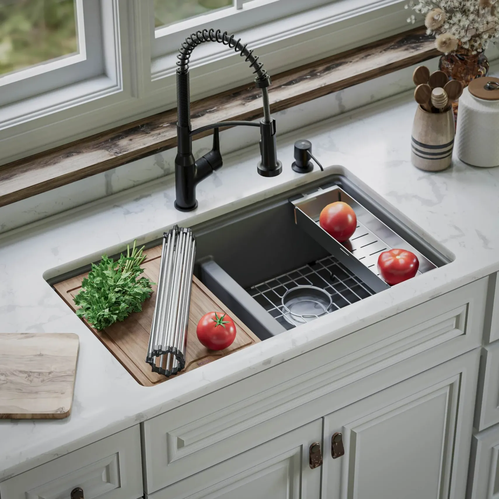 Karran 33" Undermount Quartz Composite Kitchen Sink, 50/50 Double Bowl, Grey, QUWS-880-GR
