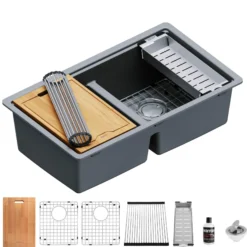 Karran 33" Undermount Quartz Composite Kitchen Sink, 50/50 Double Bowl, Grey, QUWS-880-GR