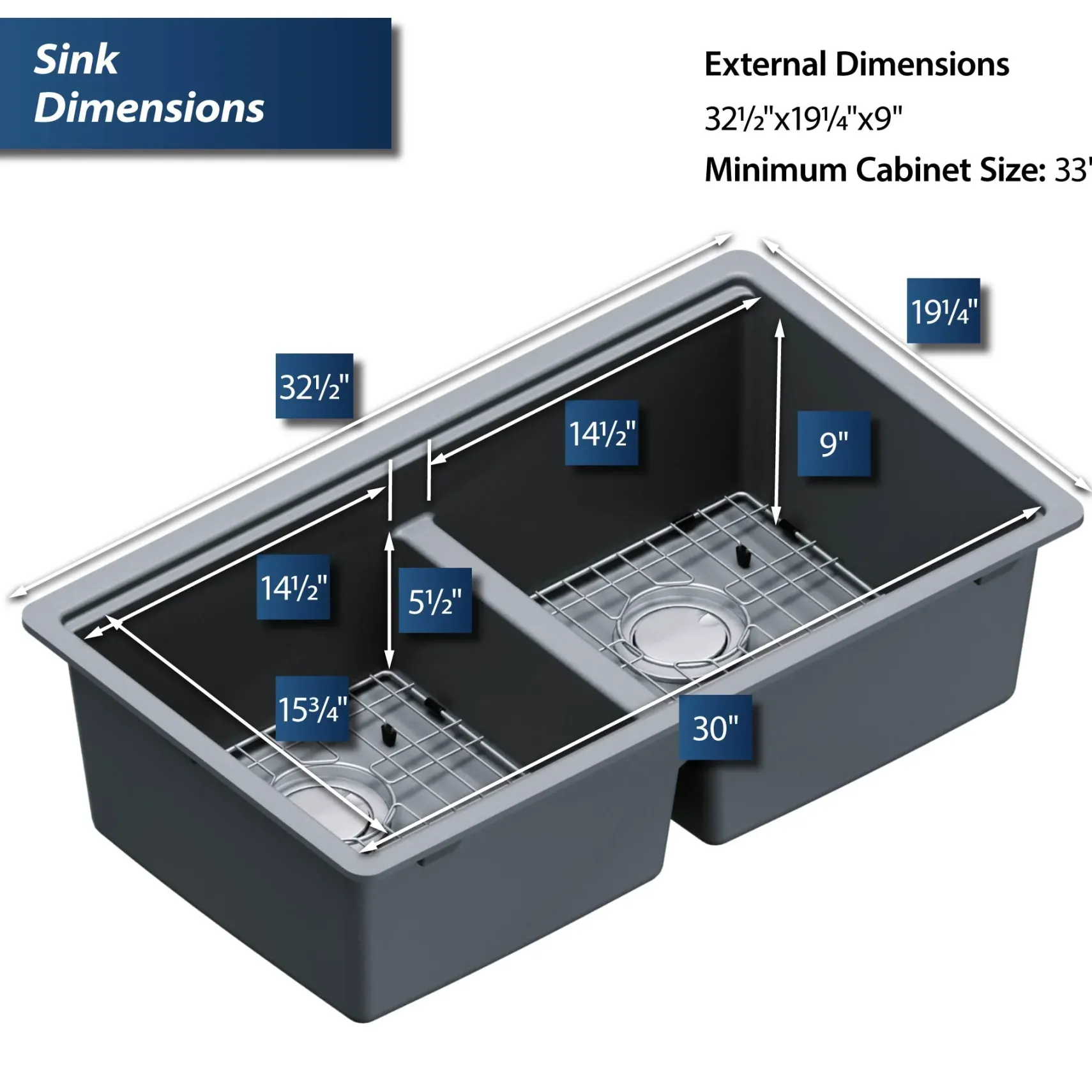 Karran 33" Undermount Quartz Composite Kitchen Sink, 50/50 Double Bowl, Grey, QUWS-880-GR