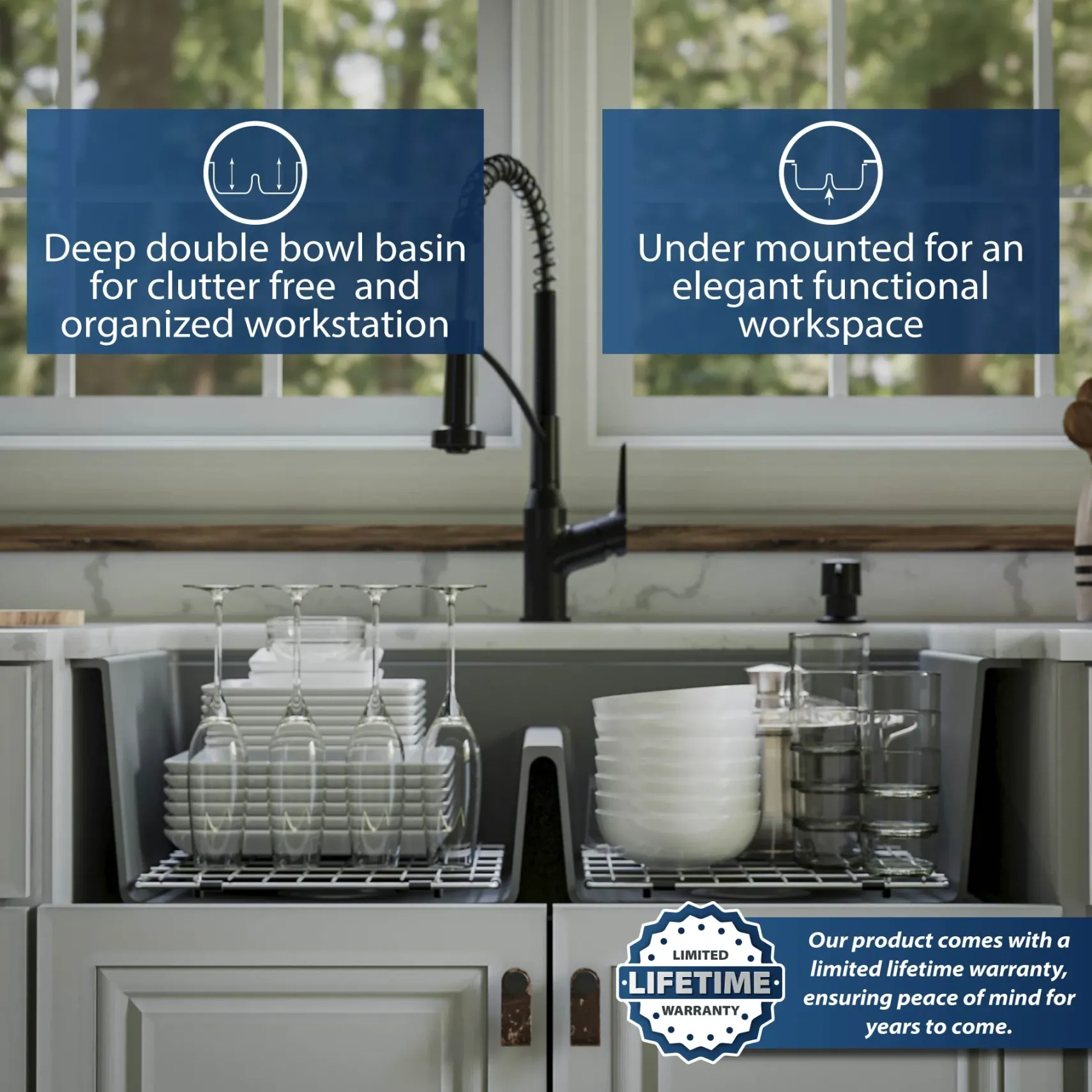 Karran 33" Undermount Quartz Composite Kitchen Sink, 50/50 Double Bowl, Grey, QUWS-880-GR