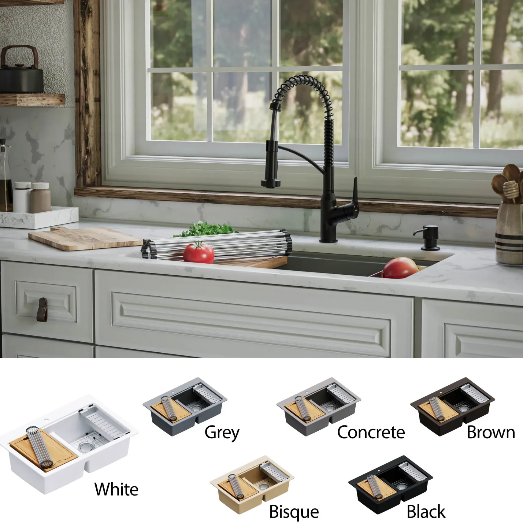 Karran 33" Undermount Quartz Composite Kitchen Sink, 50/50 Double Bowl, Grey, QUWS-880-GR