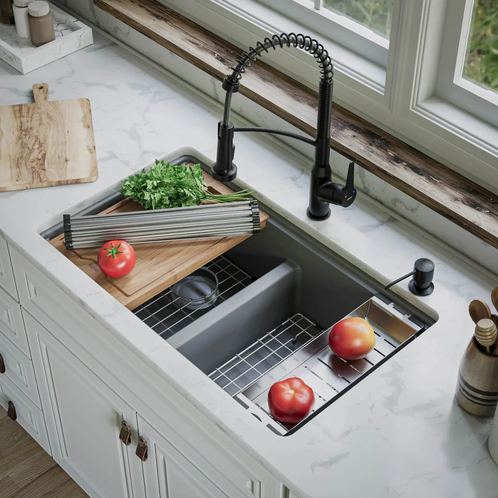 Karran 33" Undermount Quartz Composite Kitchen Sink, 50/50 Double Bowl, Grey, QUWS-880-GR