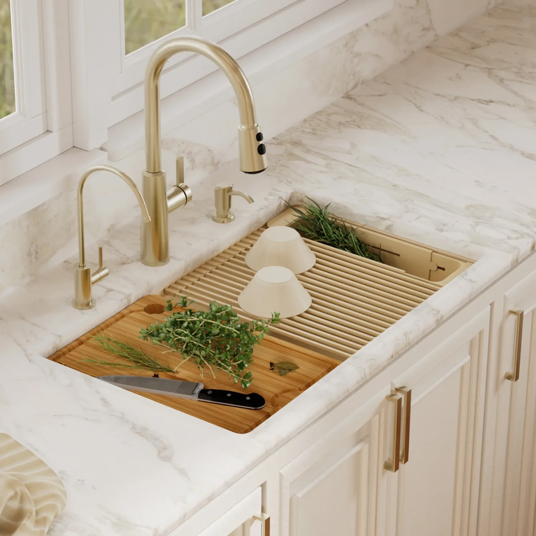 Karran 32" Undermount Quartz Composite Workstation Kitchen Sink, Bisque, QUWS-875-BI-PK2