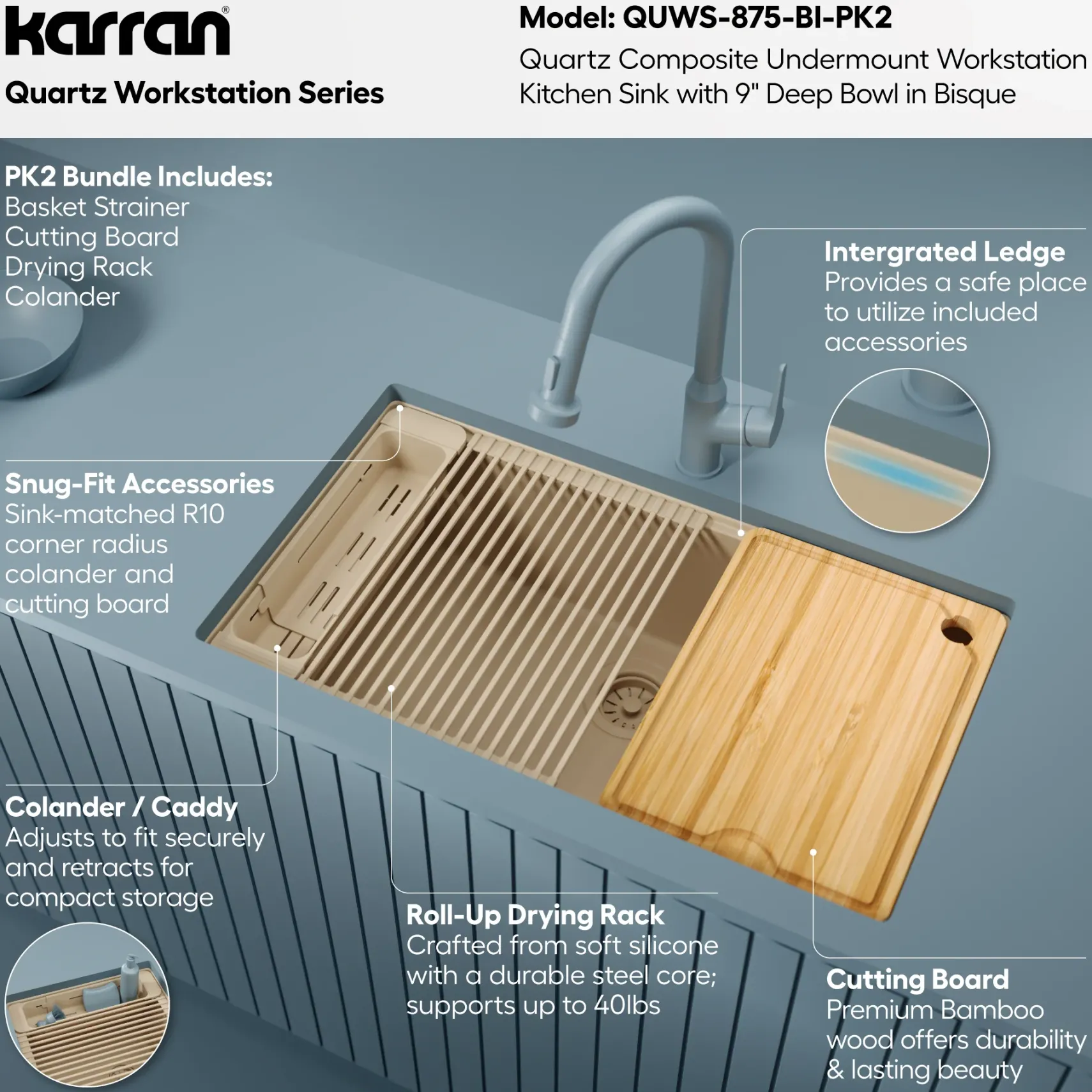 Karran 32" Undermount Quartz Composite Workstation Kitchen Sink, Bisque, QUWS-875-BI-PK2