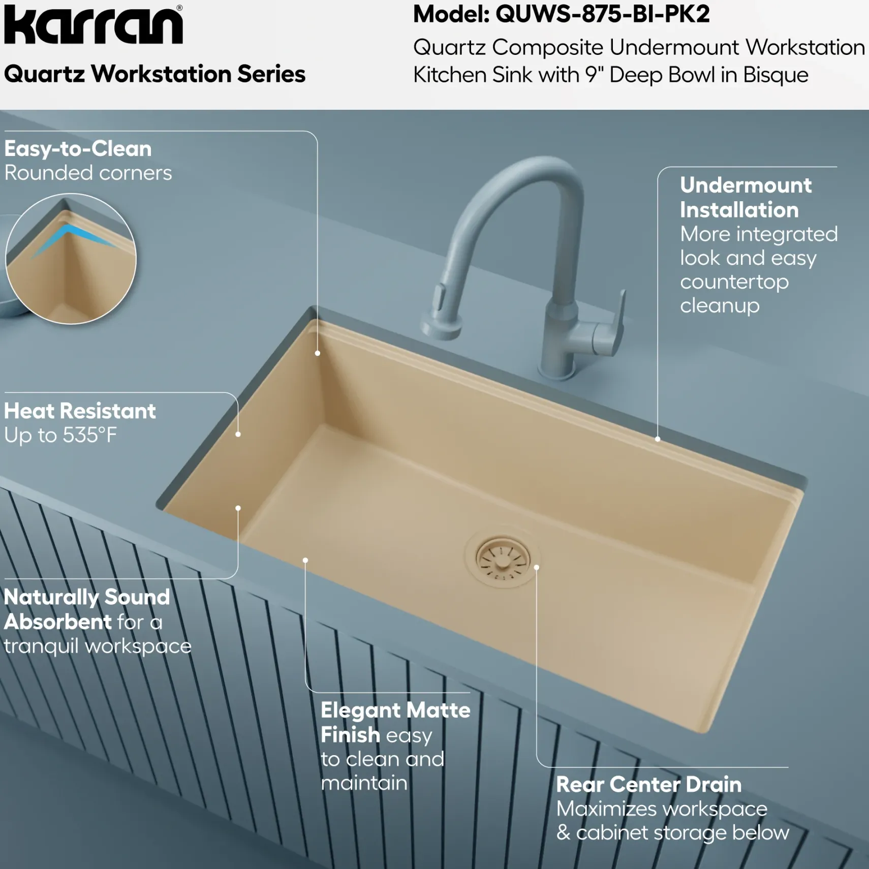 Karran 32" Undermount Quartz Composite Workstation Kitchen Sink, Bisque, QUWS-875-BI-PK2