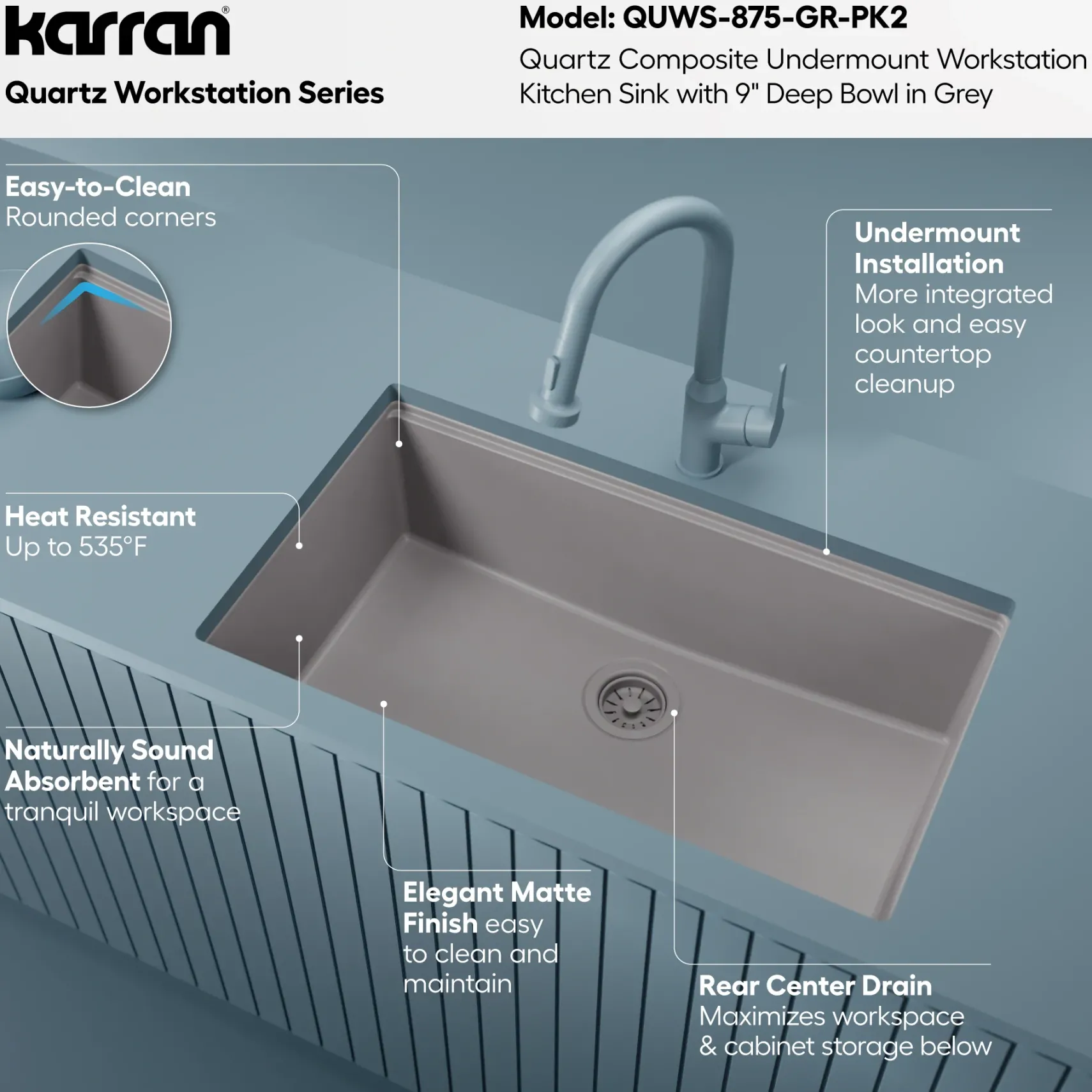 Karran 32" Undermount Quartz Composite Workstation Kitchen Sink, Grey, QUWS-875-GR-PK2