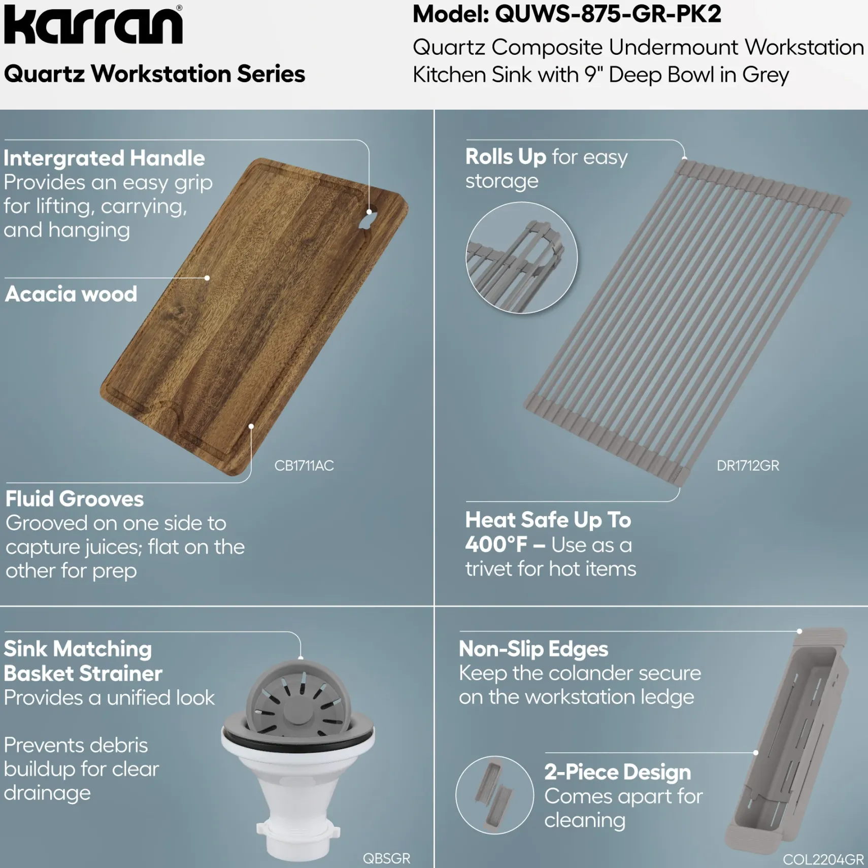 Karran 32" Undermount Quartz Composite Workstation Kitchen Sink, Grey, QUWS-875-GR-PK2