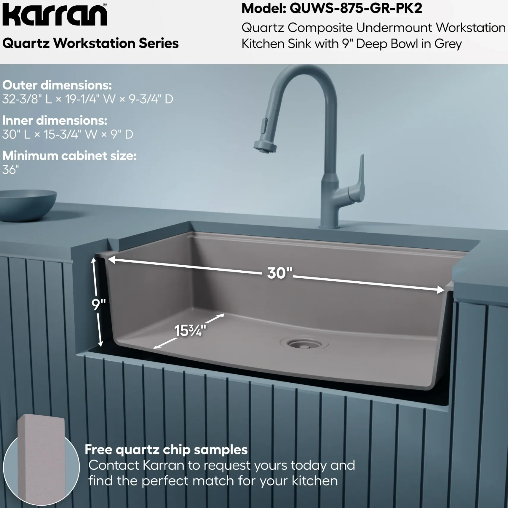 Karran 32" Undermount Quartz Composite Workstation Kitchen Sink, Grey, QUWS-875-GR-PK2