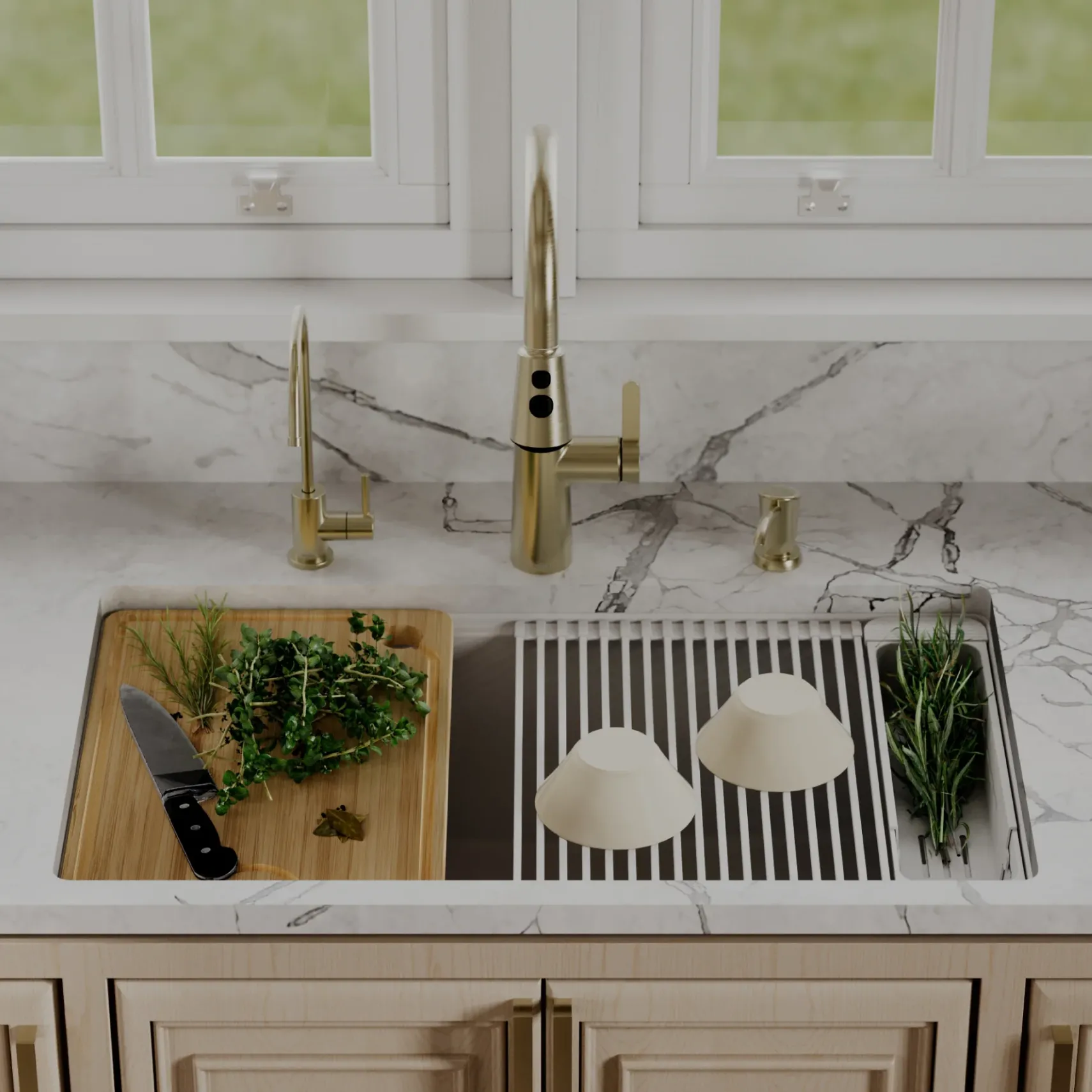 Karran 32" Undermount Quartz Composite Workstation Kitchen Sink, White, QUWS-875-WH-PK2