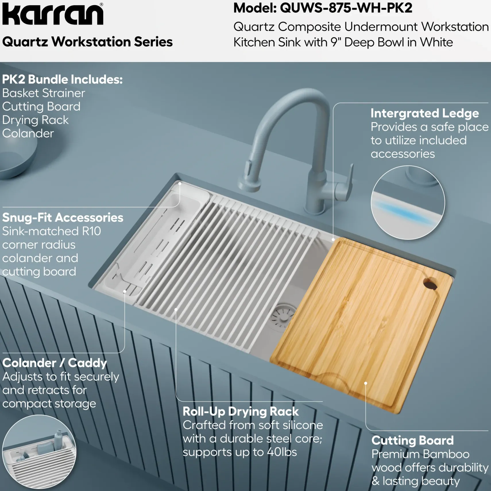 Karran 32" Undermount Quartz Composite Workstation Kitchen Sink, White, QUWS-875-WH-PK2