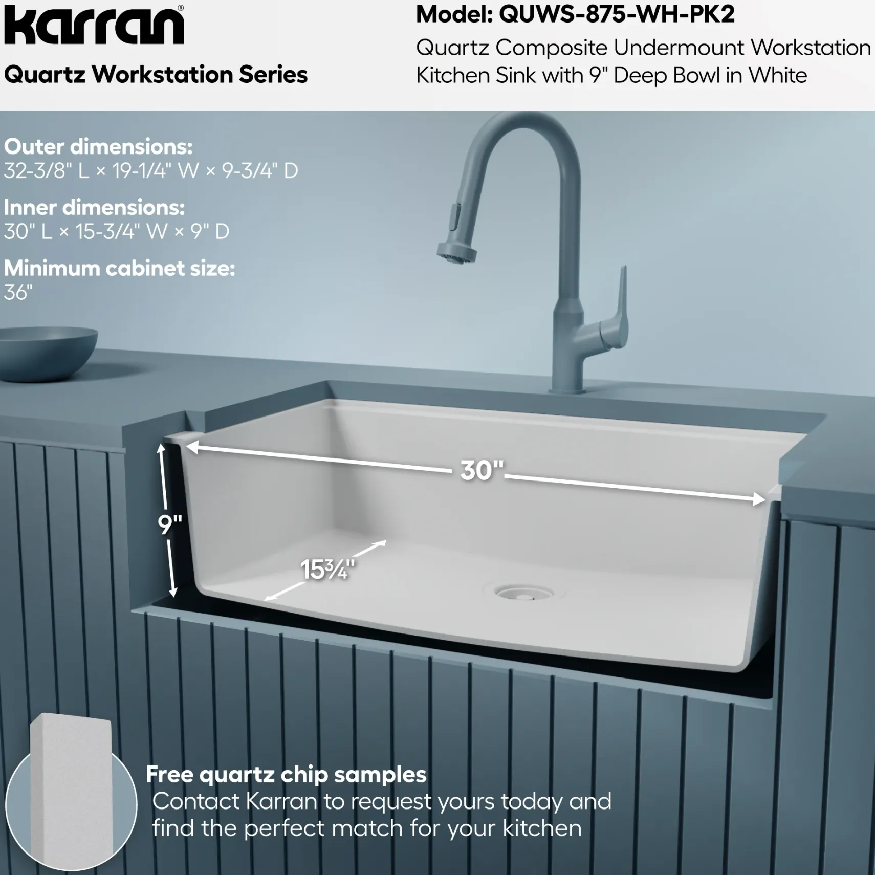 Karran 32" Undermount Quartz Composite Workstation Kitchen Sink, White, QUWS-875-WH-PK2