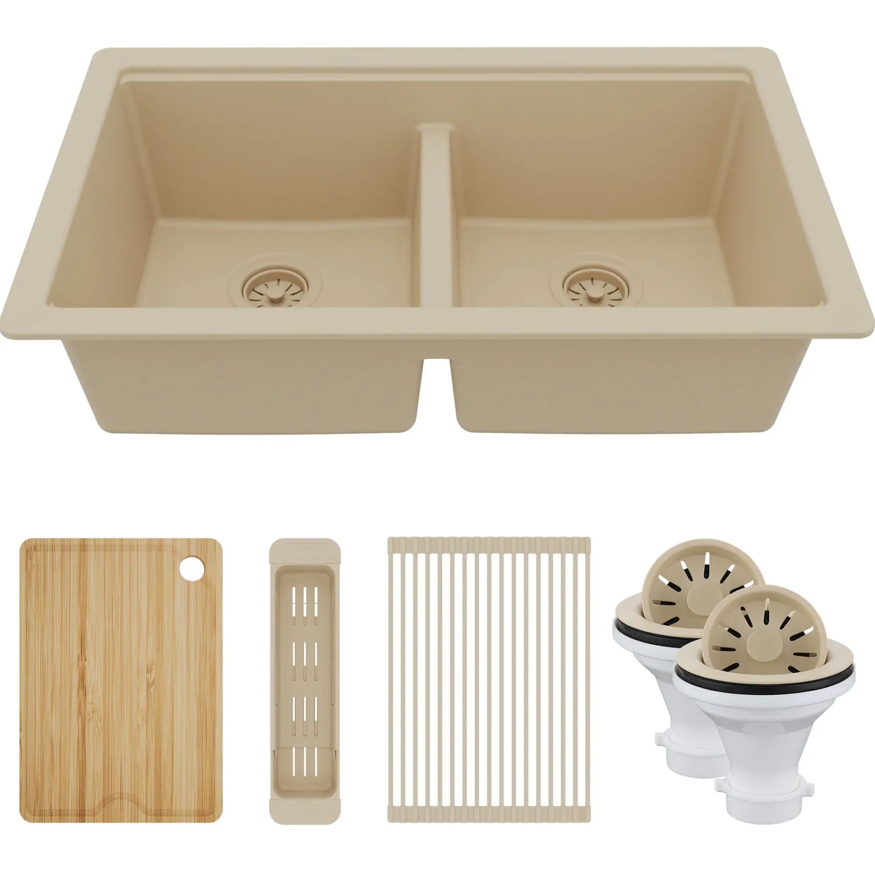 Karran 32" Undermount Quartz Composite Workstation Kitchen Sink, 50/50 Double Bowl, Bisque, QUWS-880-BI-PK2