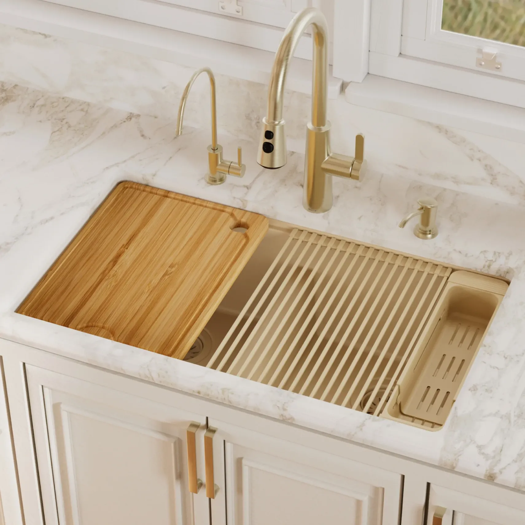 Karran 32" Undermount Quartz Composite Workstation Kitchen Sink, 50/50 Double Bowl, Bisque, QUWS-880-BI-PK2