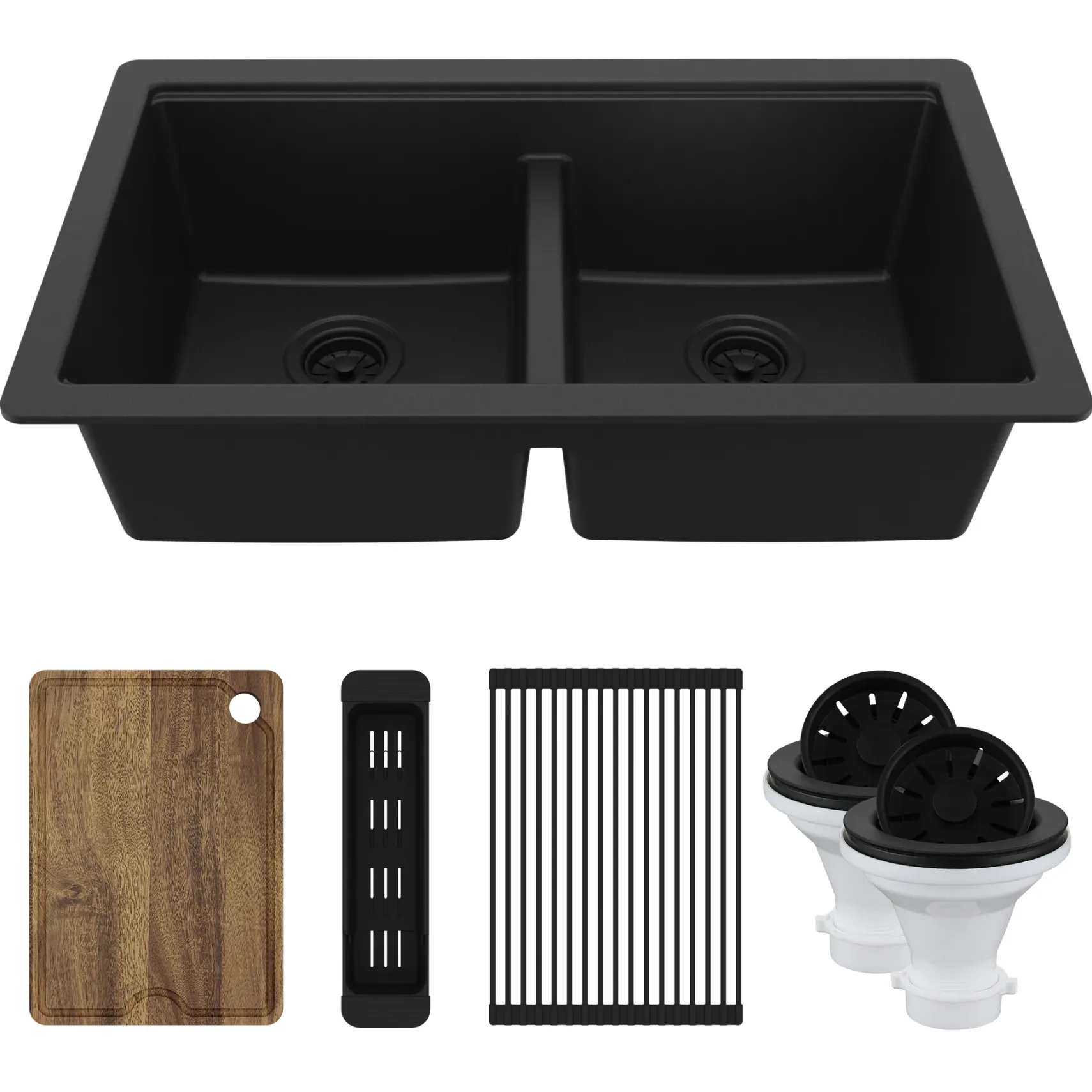 Karran 32" Undermount Quartz Composite Workstation Kitchen Sink, 50/50 Double Bowl, Black, QUWS-880-BL-PK2