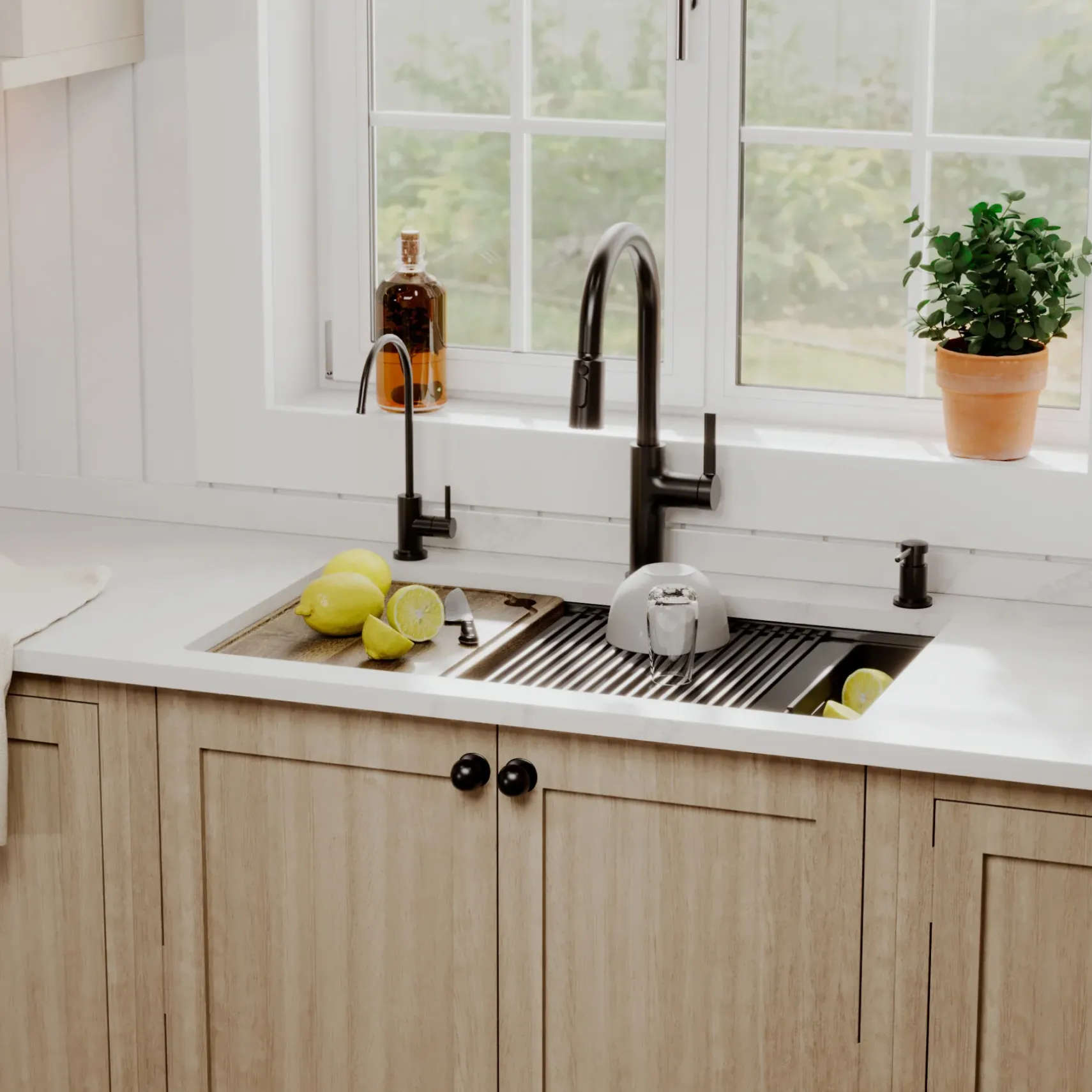 Karran 32" Undermount Quartz Composite Workstation Kitchen Sink, 50/50 Double Bowl, Black, QUWS-880-BL-PK2