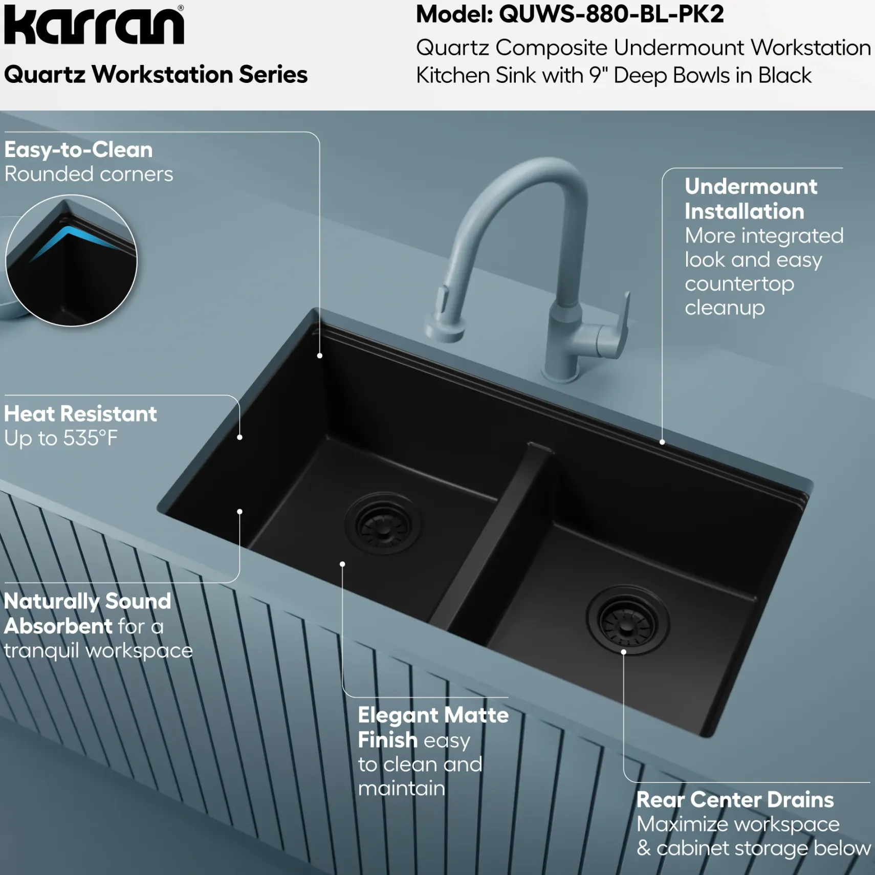 Karran 32" Undermount Quartz Composite Workstation Kitchen Sink, 50/50 Double Bowl, Black, QUWS-880-BL-PK2