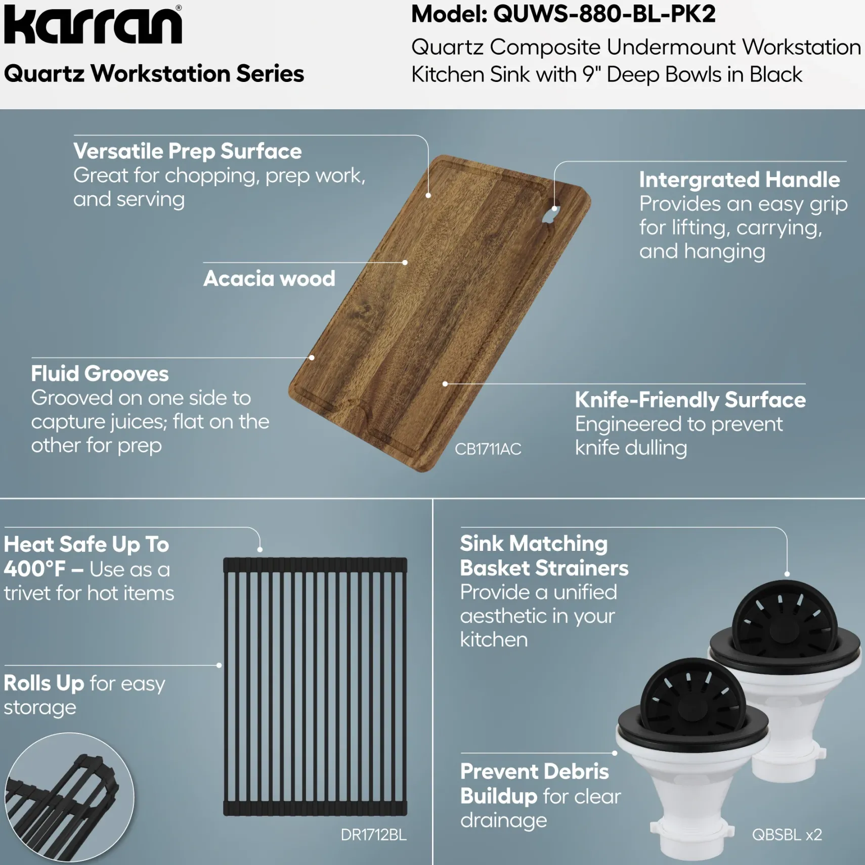 Karran 32" Undermount Quartz Composite Workstation Kitchen Sink, 50/50 Double Bowl, Black, QUWS-880-BL-PK2