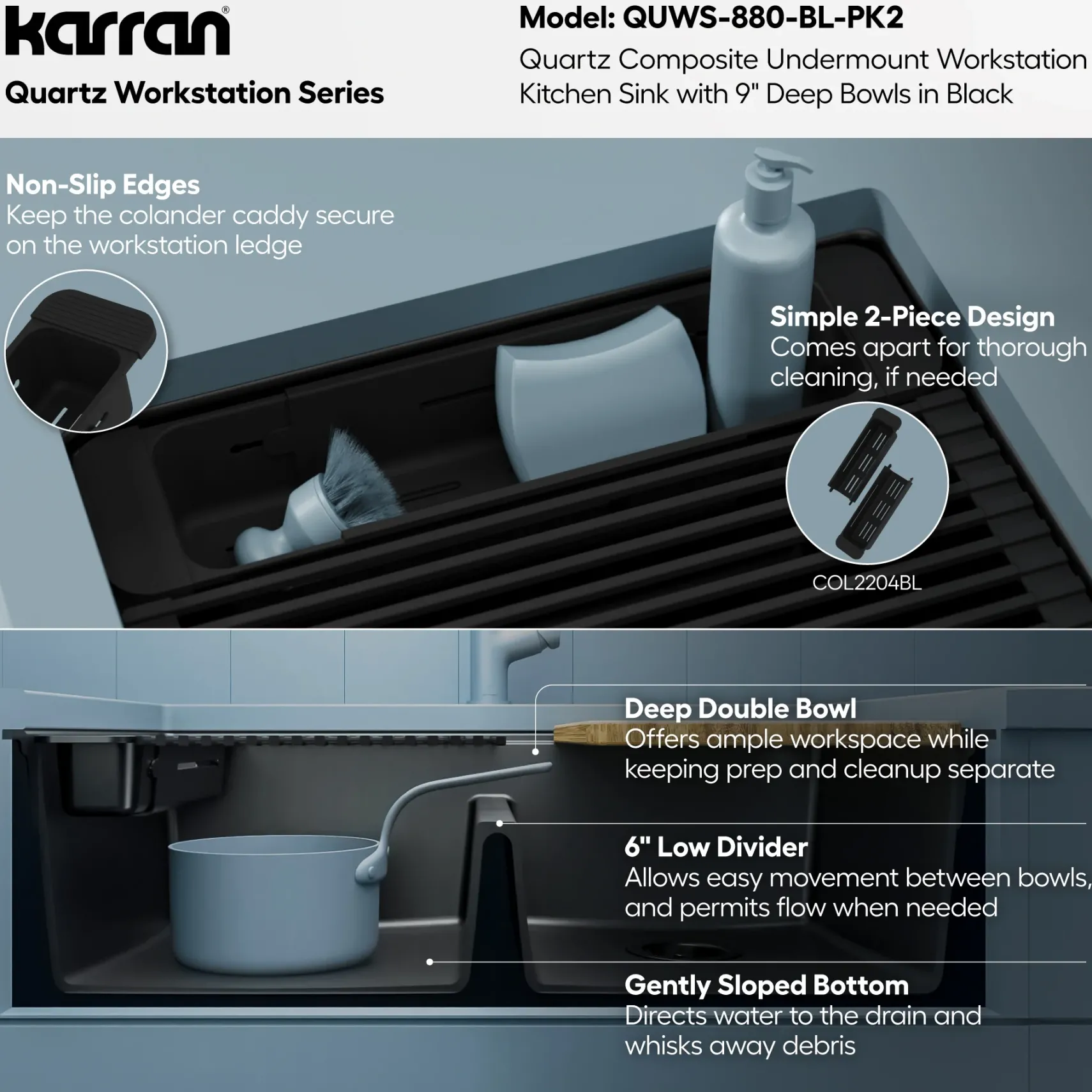 Karran 32" Undermount Quartz Composite Workstation Kitchen Sink, 50/50 Double Bowl, Black, QUWS-880-BL-PK2