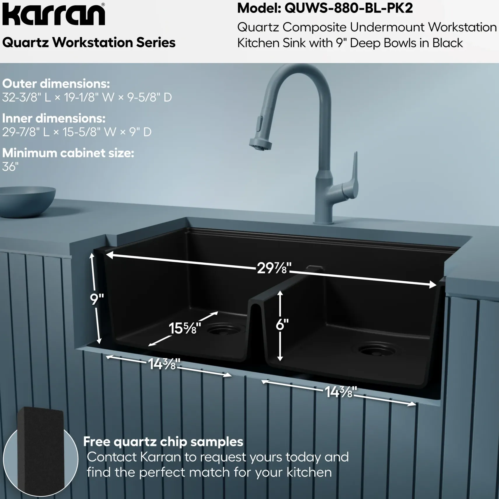Karran 32" Undermount Quartz Composite Workstation Kitchen Sink, 50/50 Double Bowl, Black, QUWS-880-BL-PK2