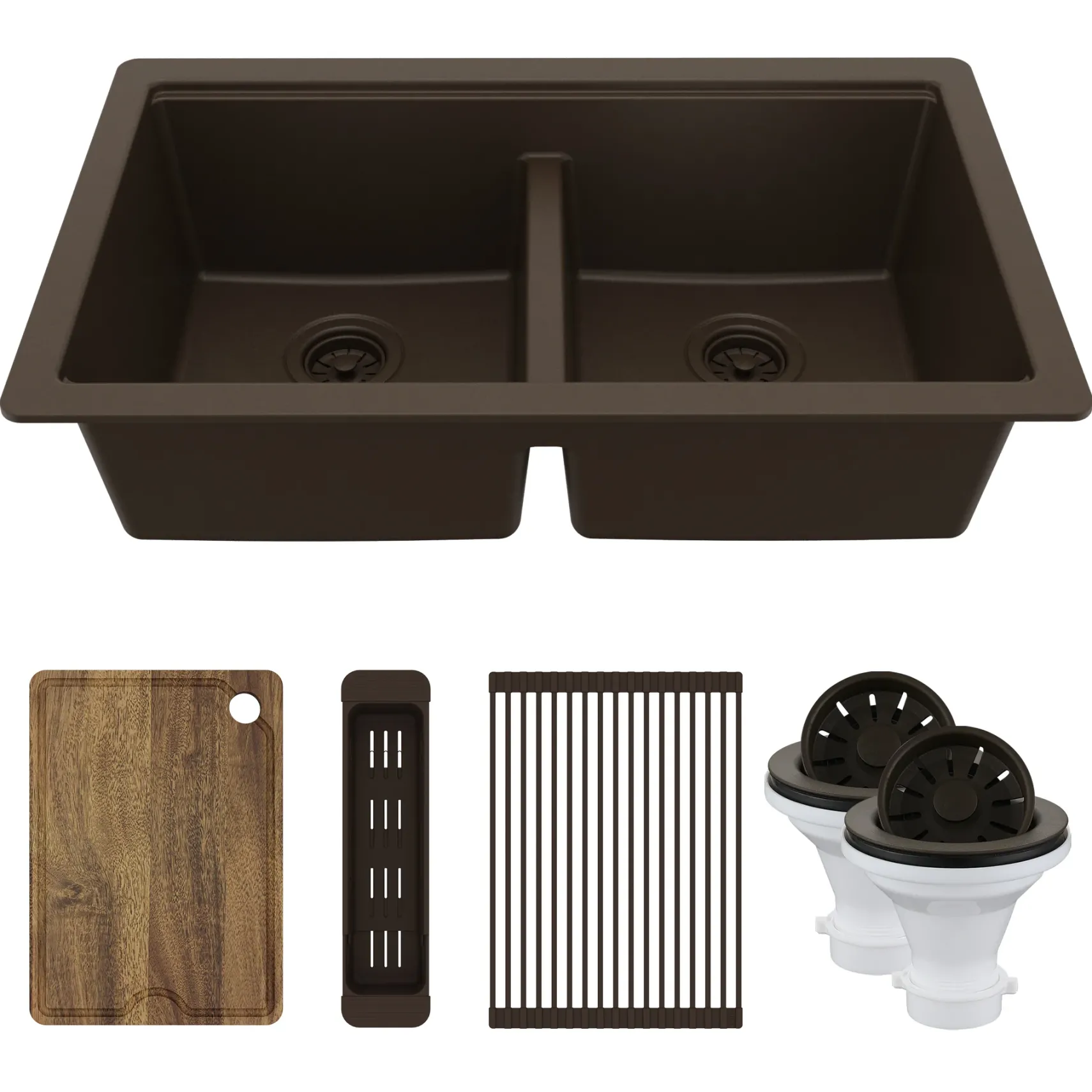Karran 32" Undermount Quartz Composite Workstation Kitchen Sink, 50/50 Double Bowl, Brown, QUWS-880-BR-PK2
