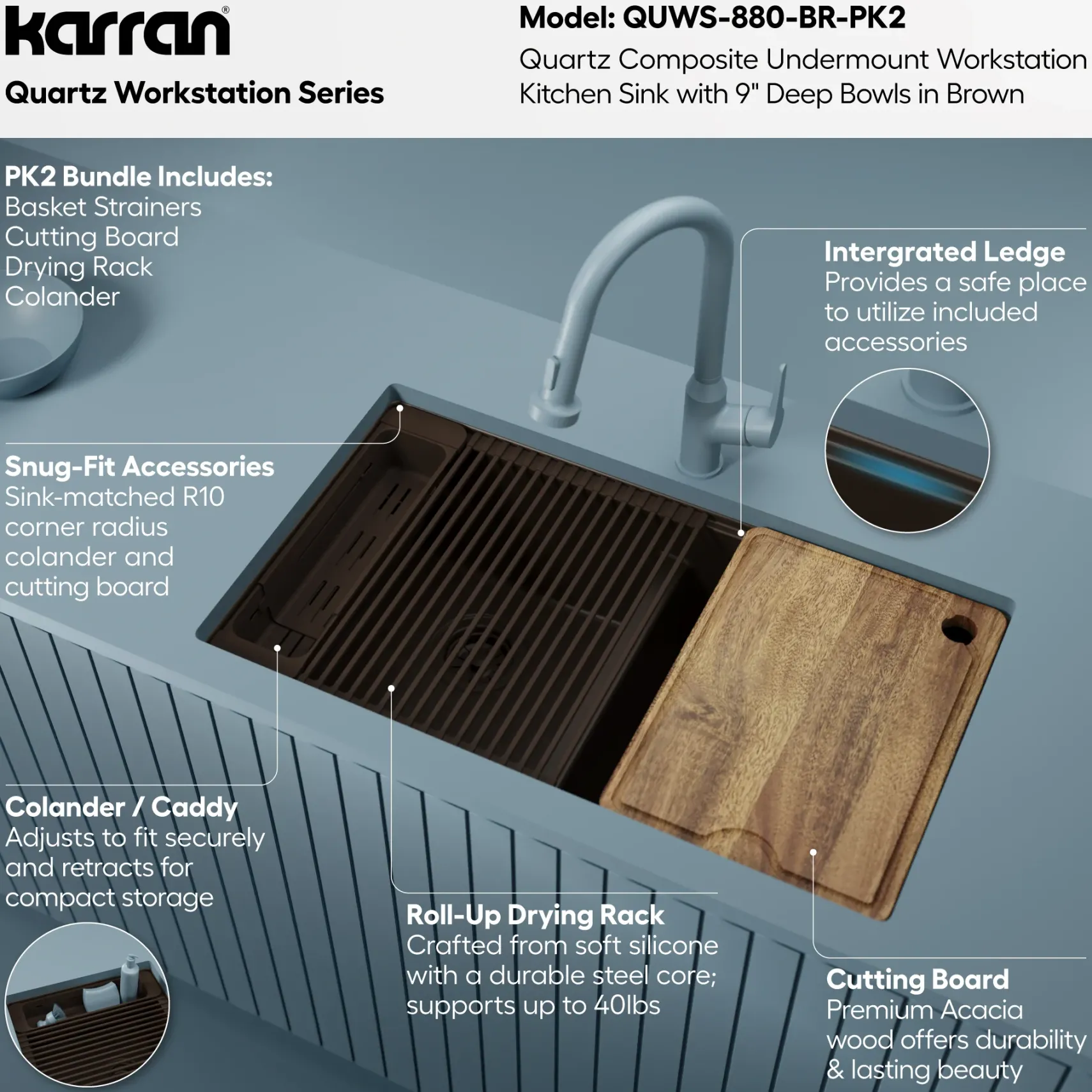 Karran 32" Undermount Quartz Composite Workstation Kitchen Sink, 50/50 Double Bowl, Brown, QUWS-880-BR-PK2