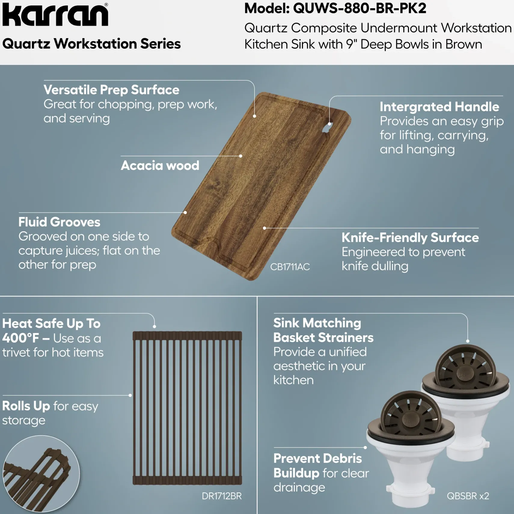 Karran 32" Undermount Quartz Composite Workstation Kitchen Sink, 50/50 Double Bowl, Brown, QUWS-880-BR-PK2