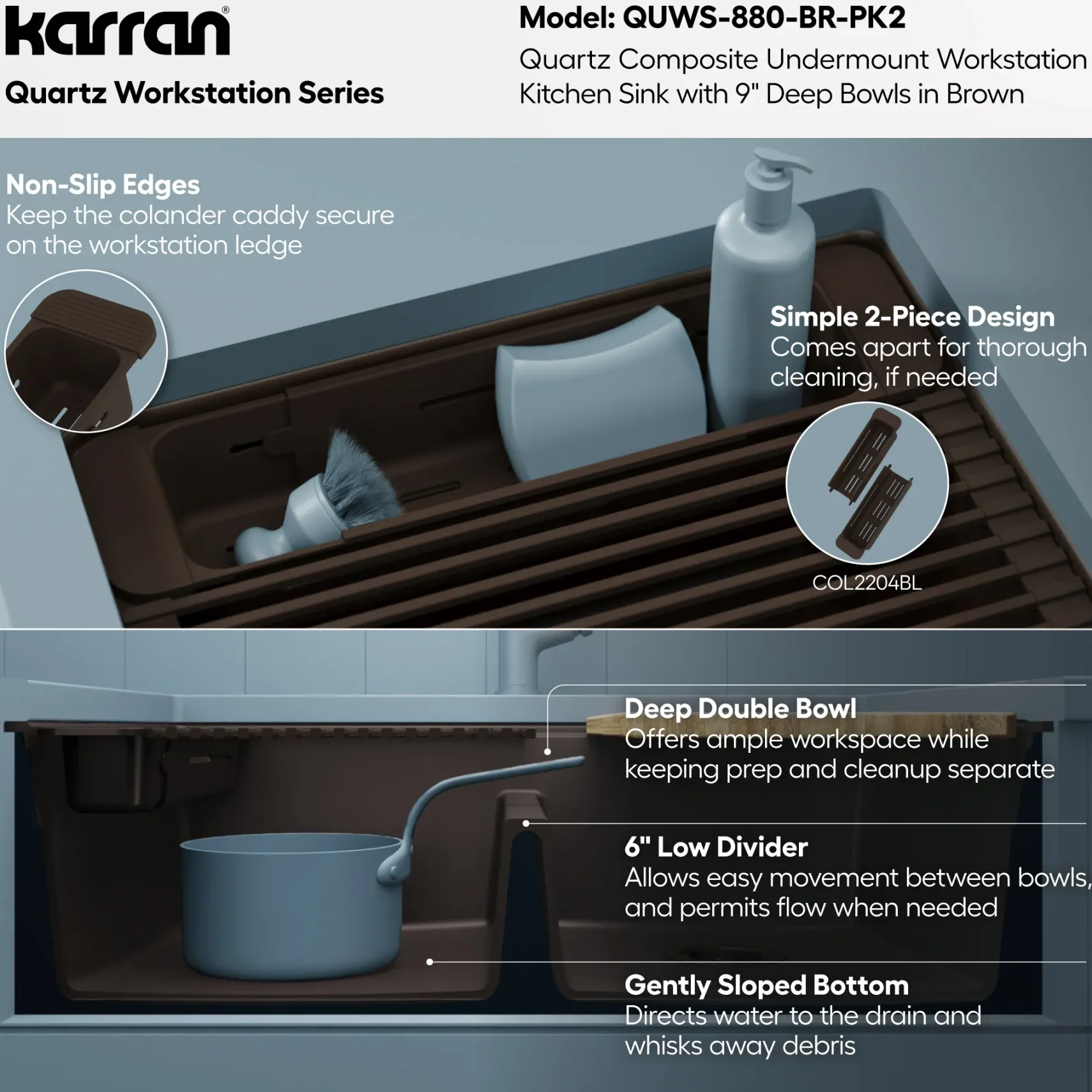 Karran 32" Undermount Quartz Composite Workstation Kitchen Sink, 50/50 Double Bowl, Brown, QUWS-880-BR-PK2