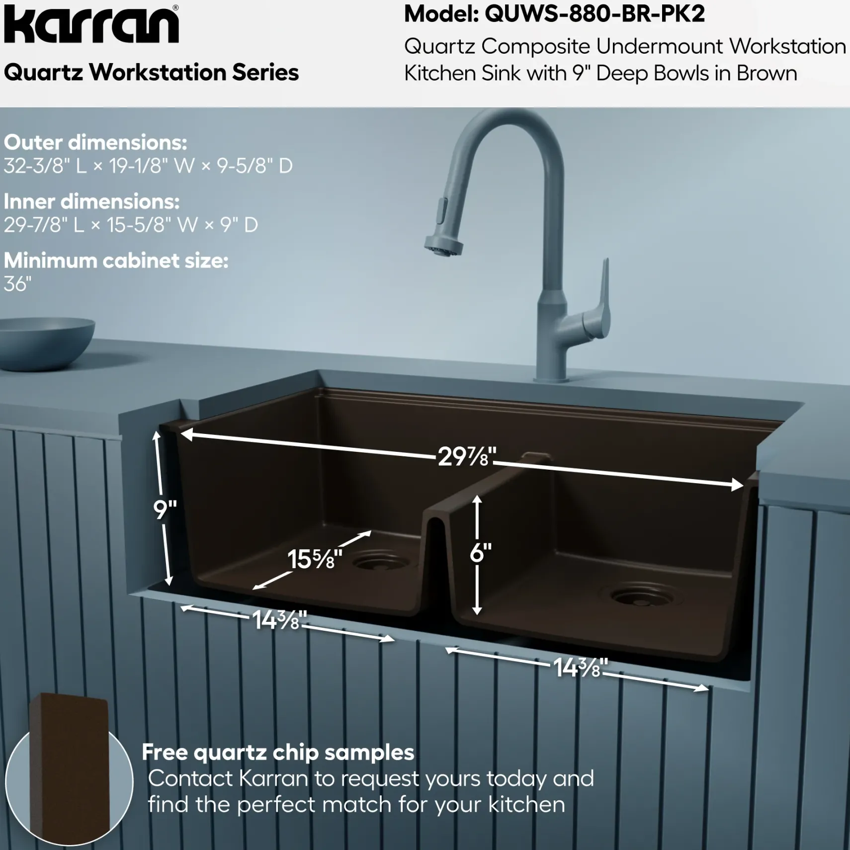 Karran 32" Undermount Quartz Composite Workstation Kitchen Sink, 50/50 Double Bowl, Brown, QUWS-880-BR-PK2