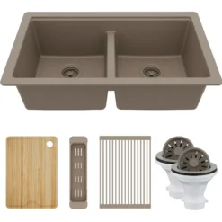 Karran 32" Undermount Quartz Composite Workstation Kitchen Sink, 50/50 Double Bowl, Concrete, QUWS-880-CN-PK2
